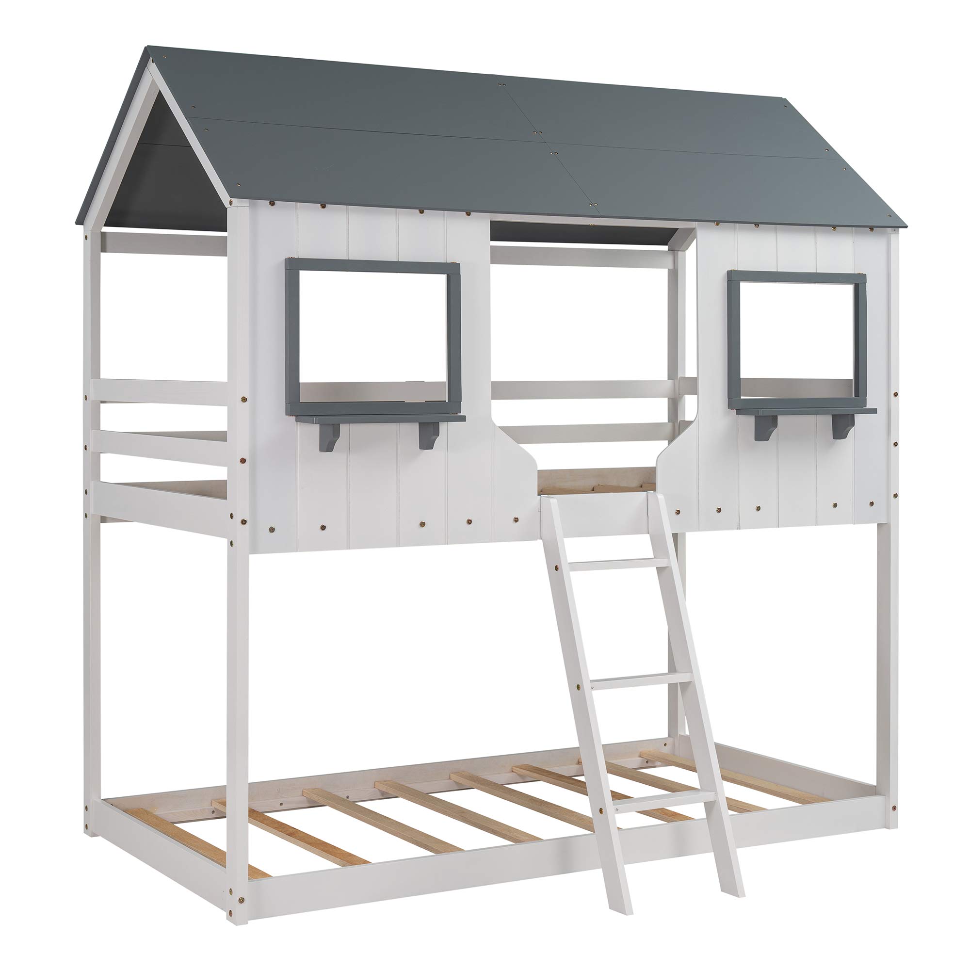 Twin Over Twin Wood Bunk Bed with Roof, Window & Guardrail - Built-in Ladder Wood House Bed for Kids & Teens - Easy Assembly - Perfect for Small Rooms, Shared Kids' Bedrooms & Sleepovers
