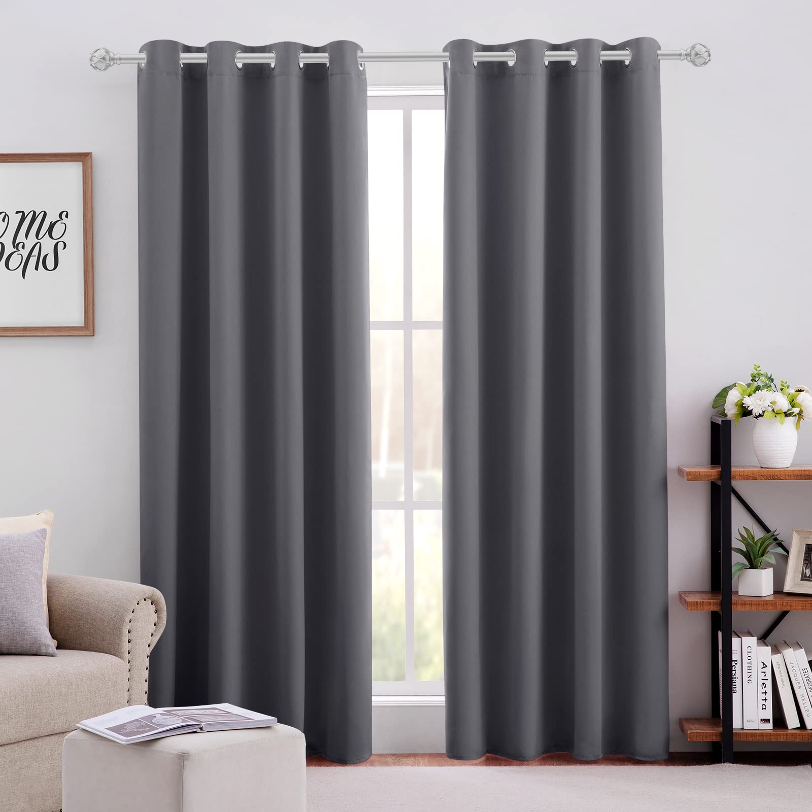 Blackout Curtains for Bedroom - 52x96 Inch Thermal Insulated Room Darkening Drapes, Soundproof Grommet Window Curtains Set of 2 Panels in Grey/Gray - Perfect for Living Room, Nursery & Home Theater