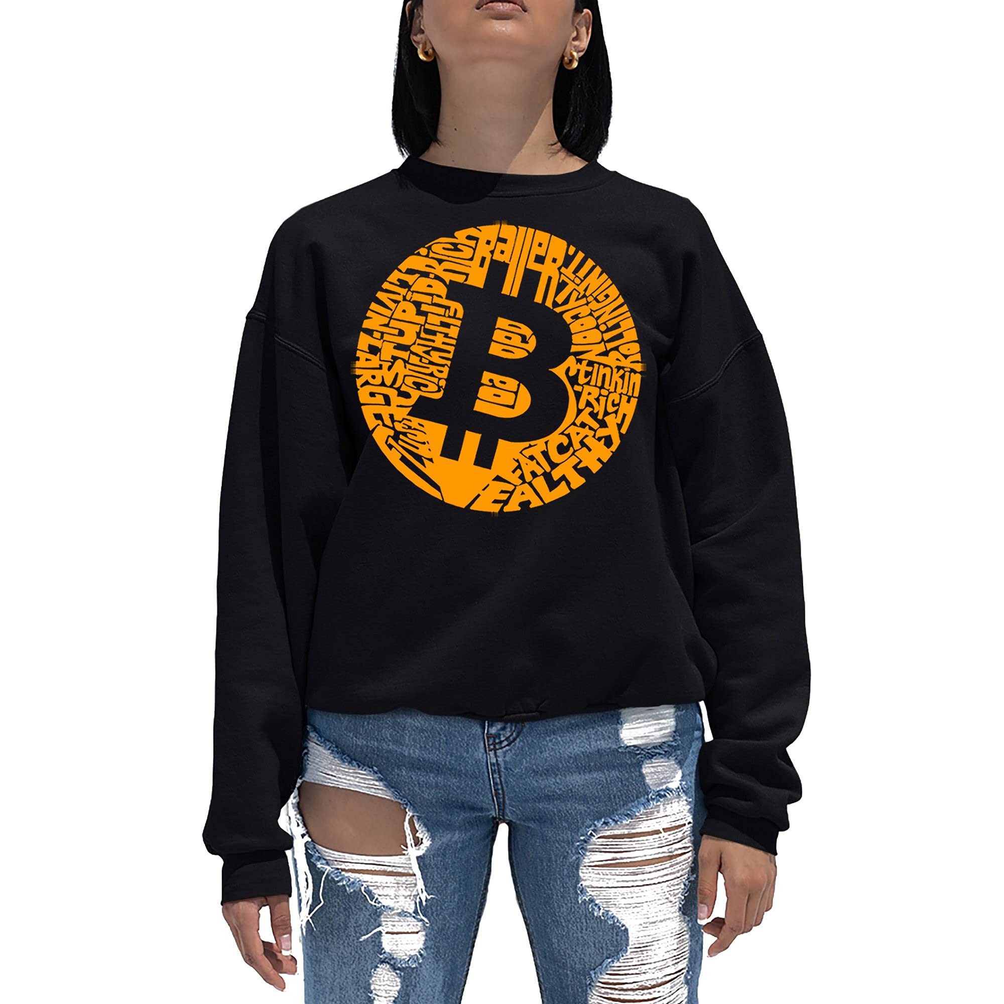 Bitcoin Themed Women's Word Art Crewneck Sweatshirt - Trendy Crypto Graphic Sweater for Casual Wear & Cryptocurrency Enthusiasts