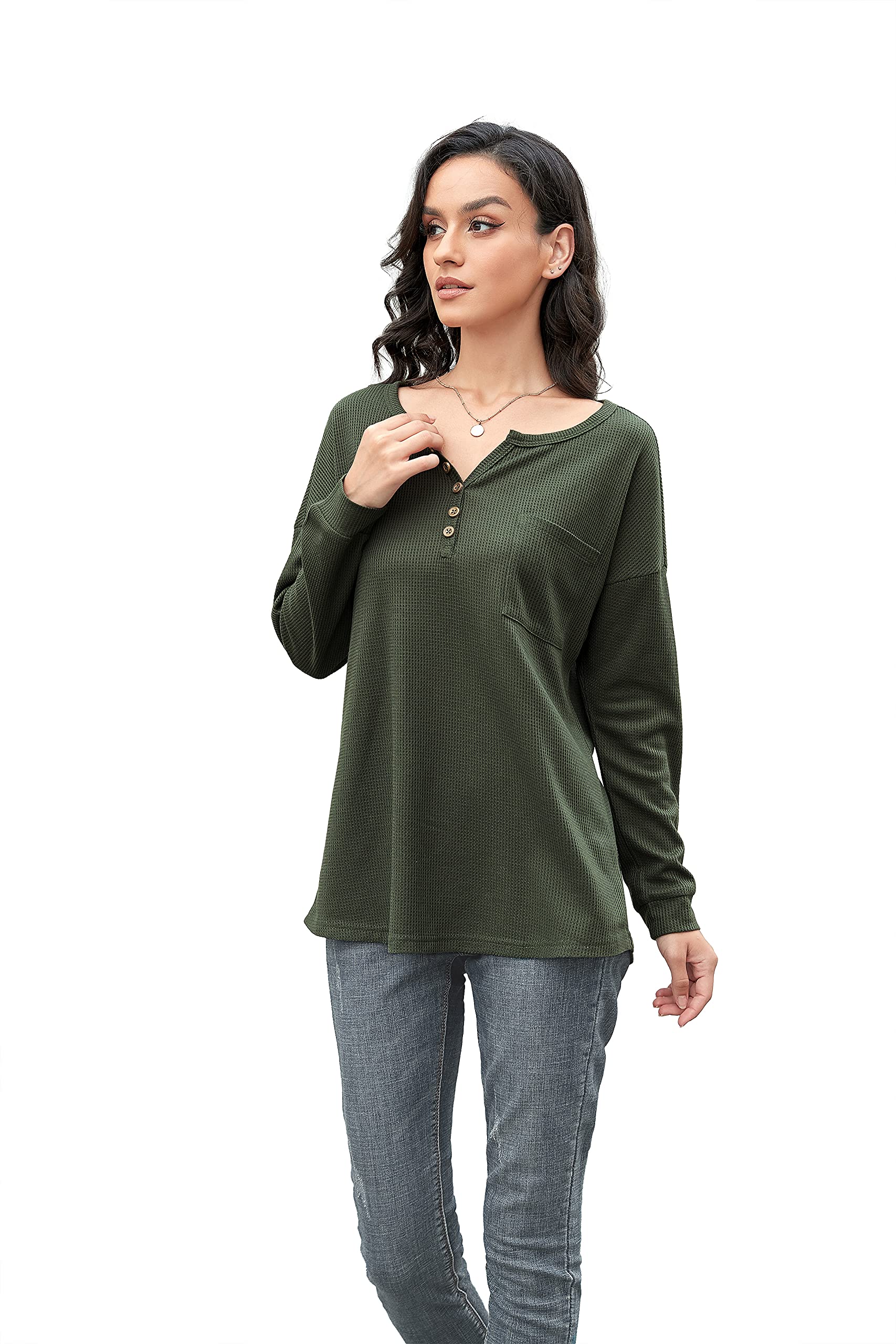 Iandroiy Women's Long Sleeve V-Neck Button Down Blouse - Waffle Knit Casual Tunic Top Shirt for Work, Date Night & Everyday Wear