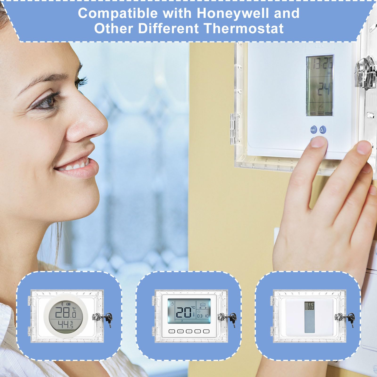 Universal Thermostat Lock Box with Key - Clear Large Thermostat Guard Cover for Wall Mounted Thermostats 6.5