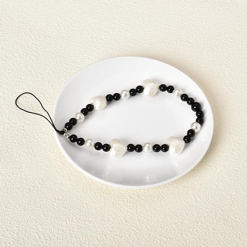 Kilener Heart Beaded Phone Lanyard - Black & White Wrist Strap with Anti-Lost Chain for iPhone Samsung Phone Cases | Cute Phone Charms Accessories for Women & Girls | Perfect for Work, School & Travel