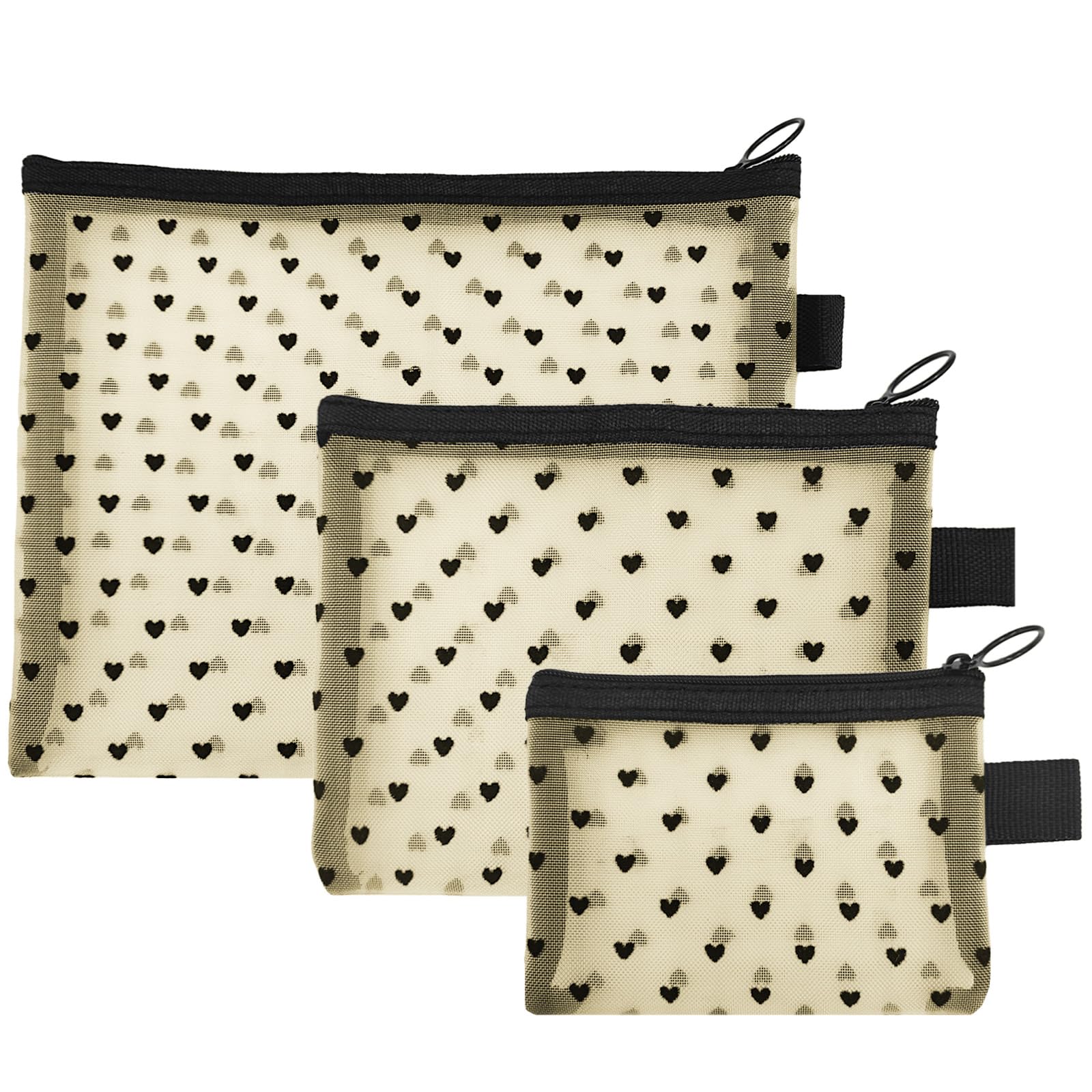 LYDZTION 3-Piece Heart Shaped Mesh Makeup Bags Set with Zipper - Portable Cosmetic Organizer Pouch for Travel, Home & Office - Perfect for Daily Toiletries & Beauty Accessories (Beige, 3 Sizes) | Great for Gym, Vacation & Gift Giving