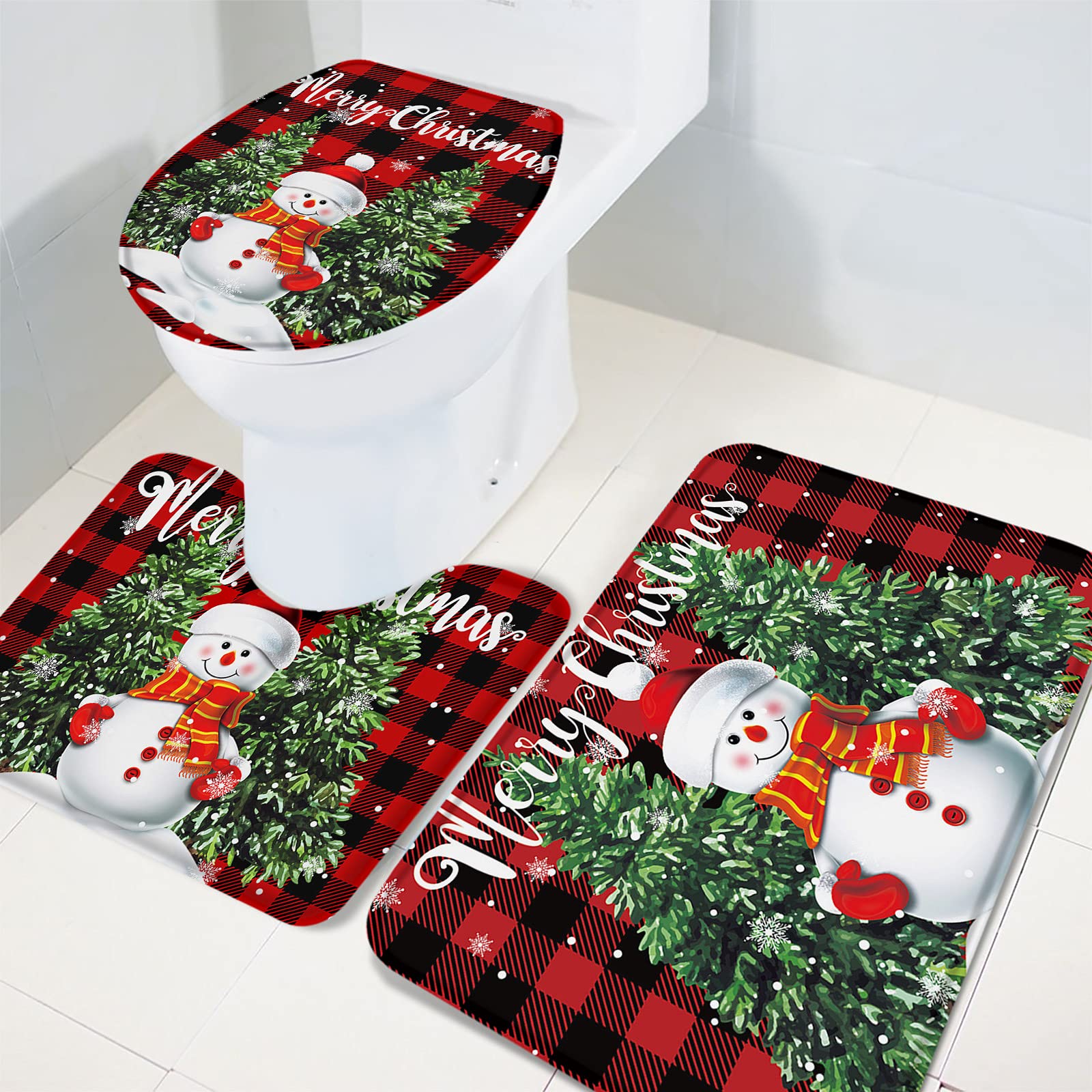 3-Piece Non-Slip Christmas Bathroom Rug Set - Snowman Tree Design Absorbent Shower Mat, Contour Mat & Toilet Cover (Red Checkered) for Holiday Decor & Cozy Bathroom Safety