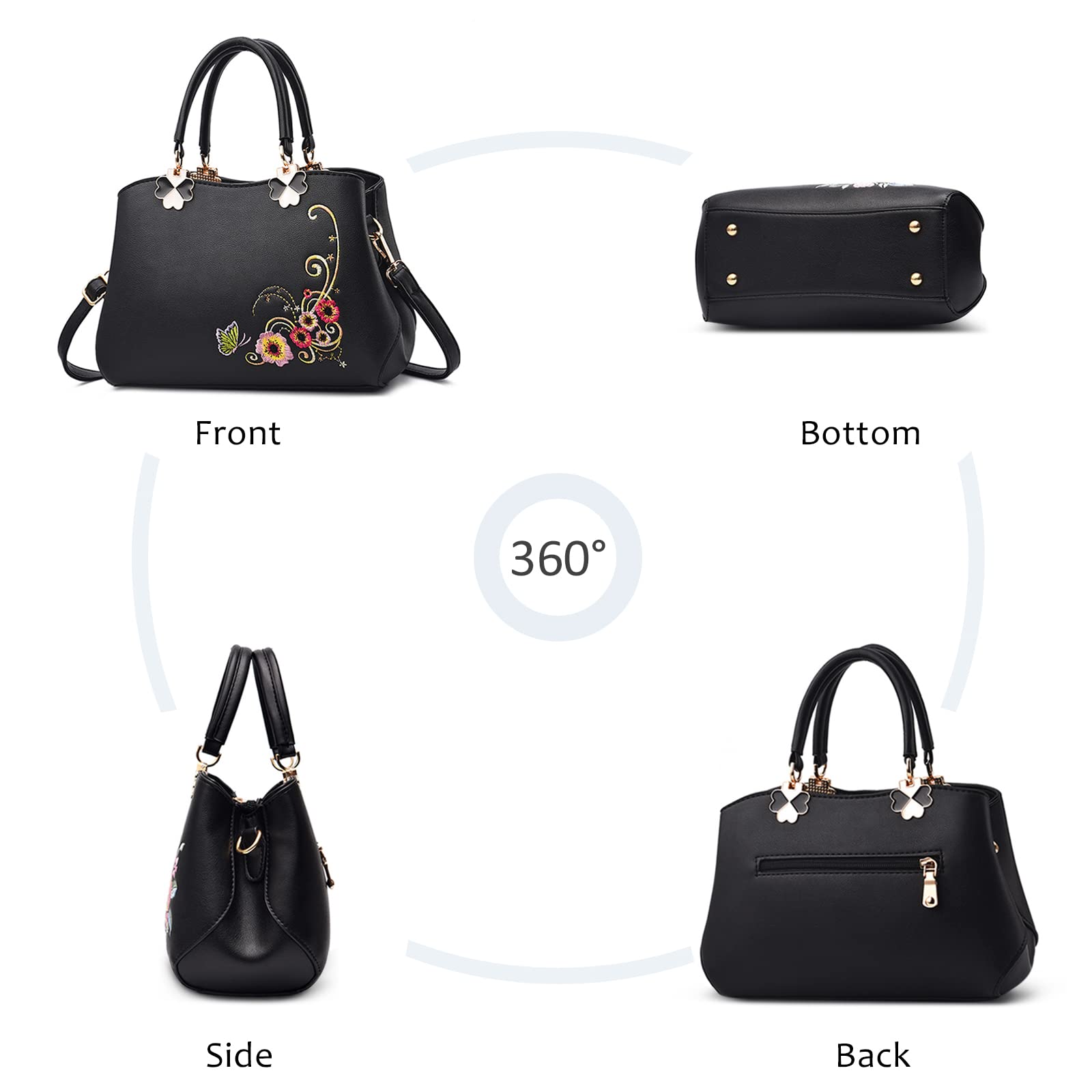 Elegant Women's Handbag - Top Handle Embroidery Shoulder Bag Crossbody Purse for Work, Travel & Shopping - PU Leather Black (Perfect for Office, Parties & Daily Use)