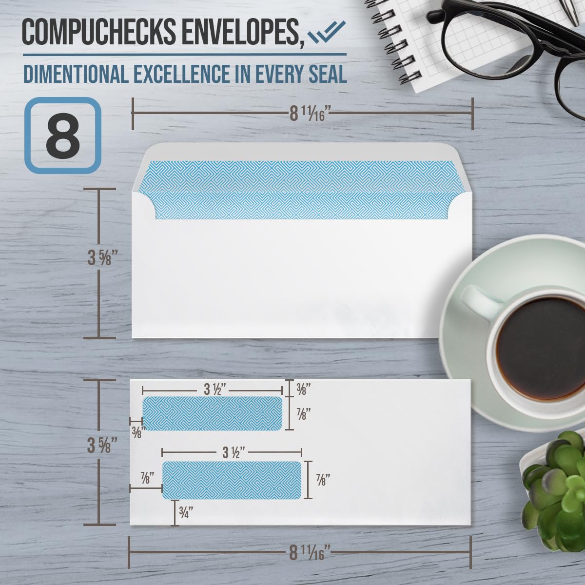 #8 Double Window Security Business Envelopes - Gummed, Tamper Evident Check Mailing Envelopes with Security Tint (250 Count) - Fits QuickBooks Checks Perfectly for Business Payments & Invoicing