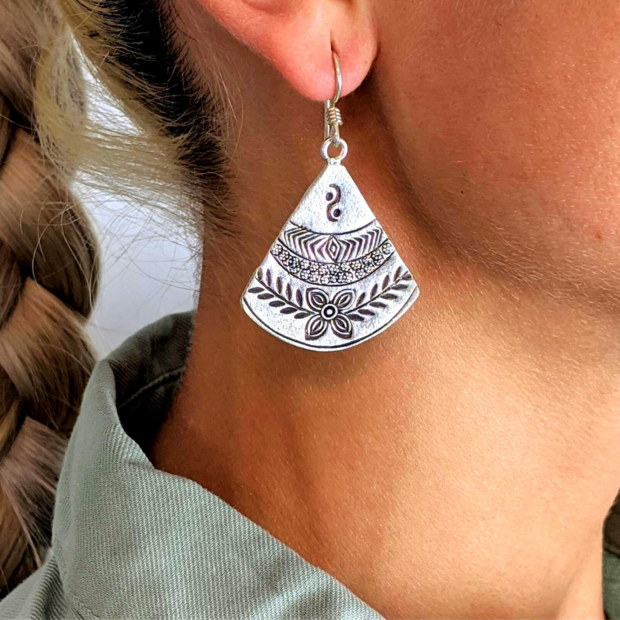 Women's 999 Fine Silver Karen Hill Tribe Fan Triangle Tribal Leaf Engraved Earrings - Handmade Sterling Silver Jewelry for Women - Perfect for Boho Fashion, Ethnic Style & Special Occasions