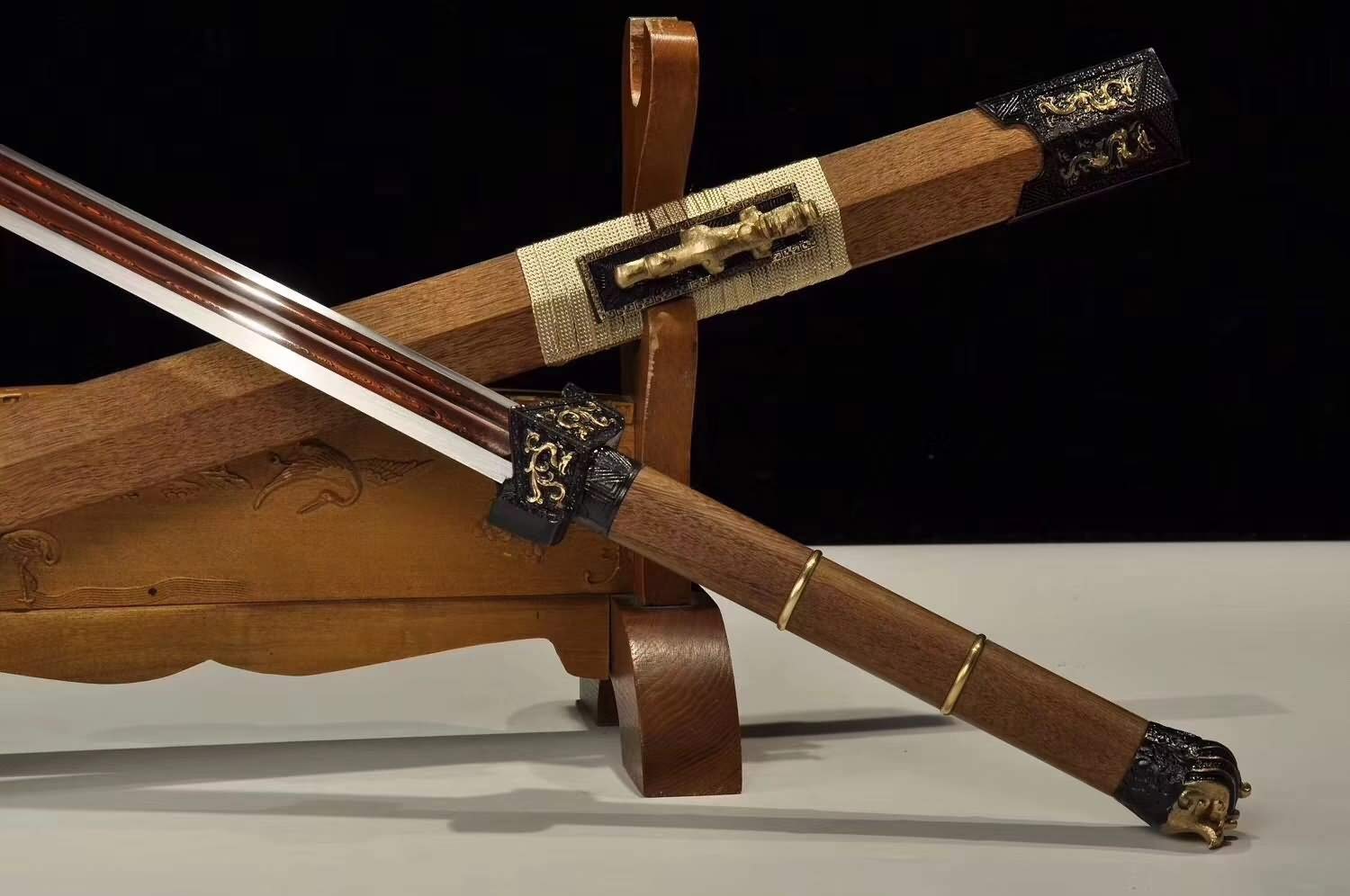 Handmade Chinese Han Jian Sword - Battle Ready Forged Damascus Steel Blade with Brass & Rosewood Scabbard | Martial Arts Training, Historical Reenactment, Home Decor & Collection Display