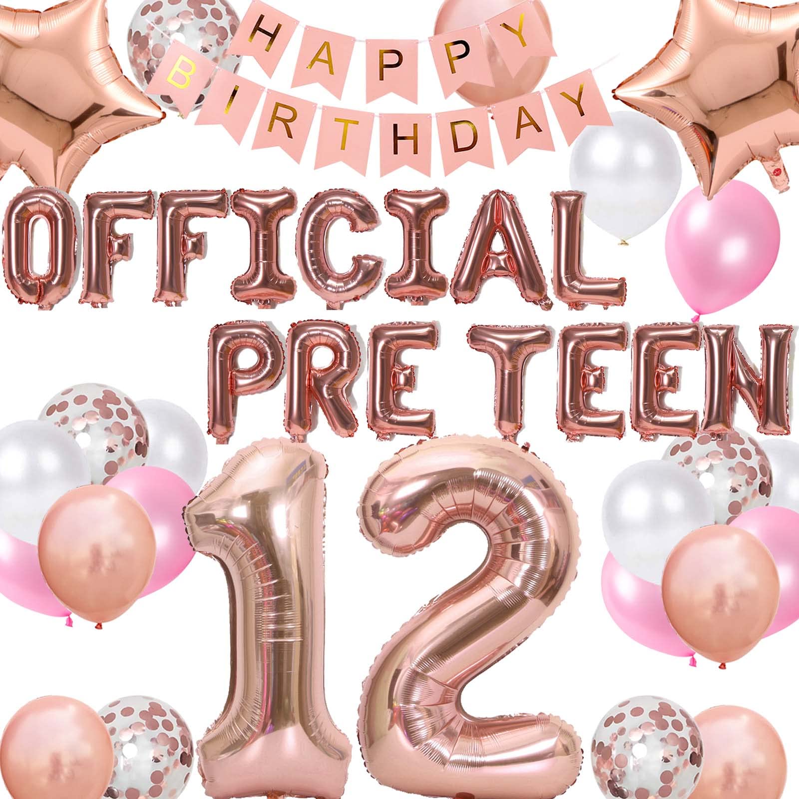 12th Birthday Decorations for Girls - Rose Gold Pre-Teen Balloons, Number 12 Banner & Confetti Balloons Set | Perfect for 12 Year Old Birthday Party Decor & Photo Backdrop