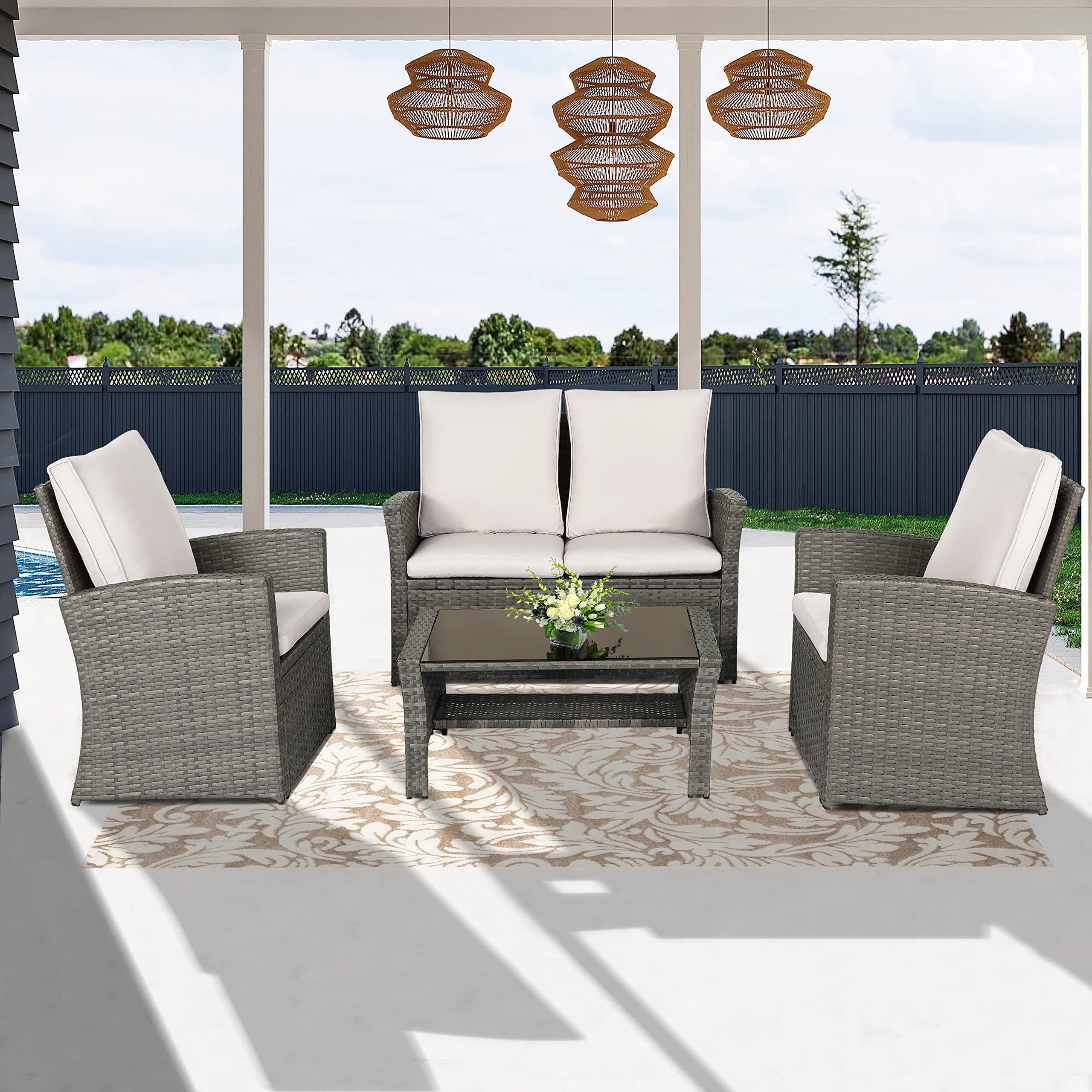 **Natural Expressions 4-Piece Outdoor Patio Furniture Set - Gray All-Weather Wicker Sectional Sofa with Cushions & Coffee Table for Deck, Backyard, Porch, Balcony | Perfect for Relaxing, Entertaining & Outdoor Gatherings**