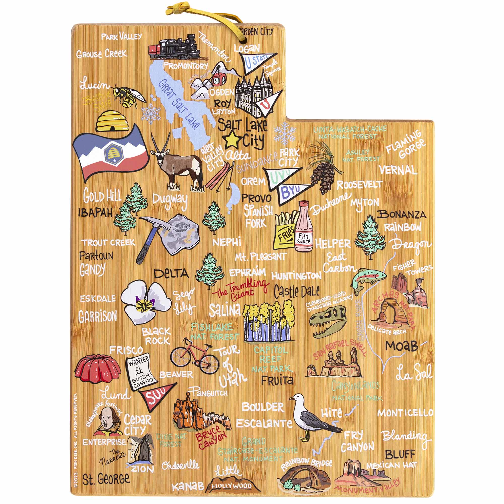 Premium Utah-Themed Wooden Cutting Board with Fish Kiss™ Artwork - Durable Kitchen Essential for Chopping, Serving & Home Decor