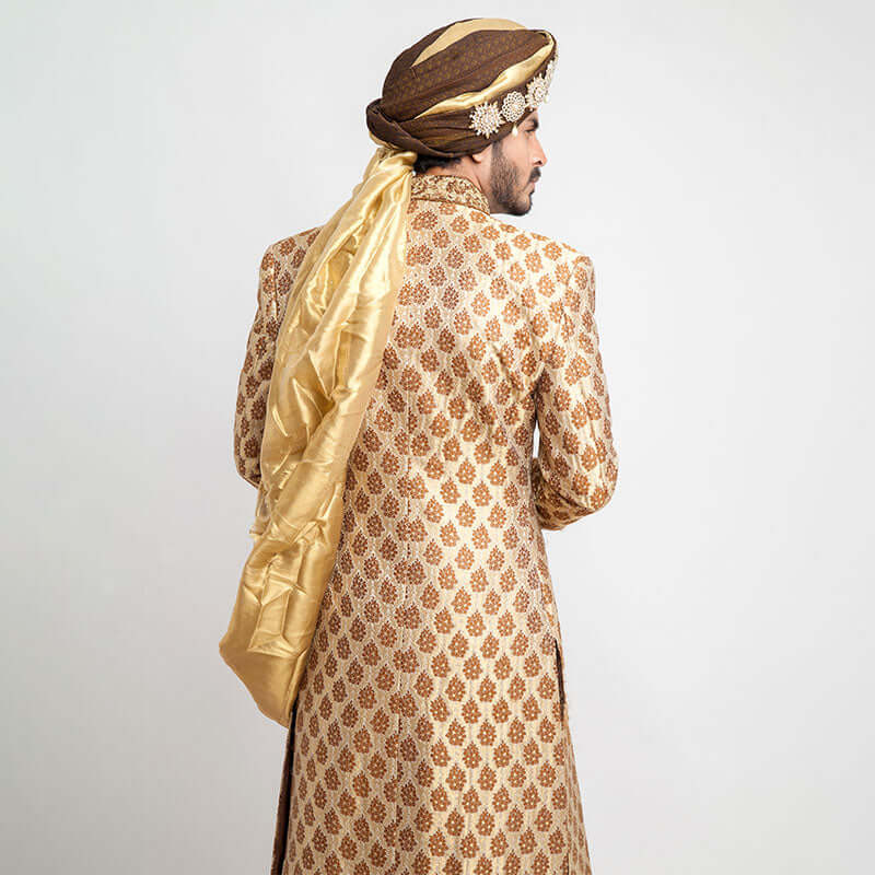 Antique Gold Brocade Silk Sherwani for Men | Elegant Indian Wedding Attire | Perfect for Groom Outfits, Festive Occasions & Cultural Celebrations