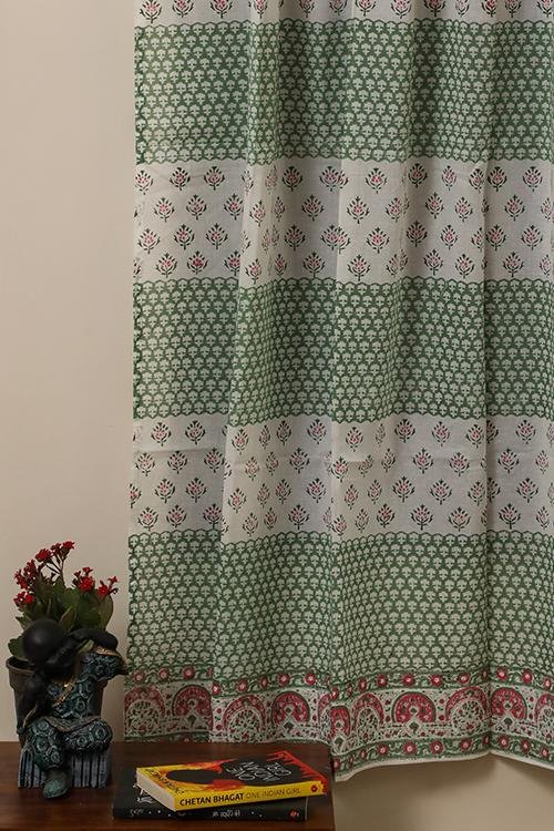Floral Mesh Handblock Printed Voile Cotton Curtains - Lightweight Sheer Window Drapes for Living Room, Bedroom & Boho Home Decor