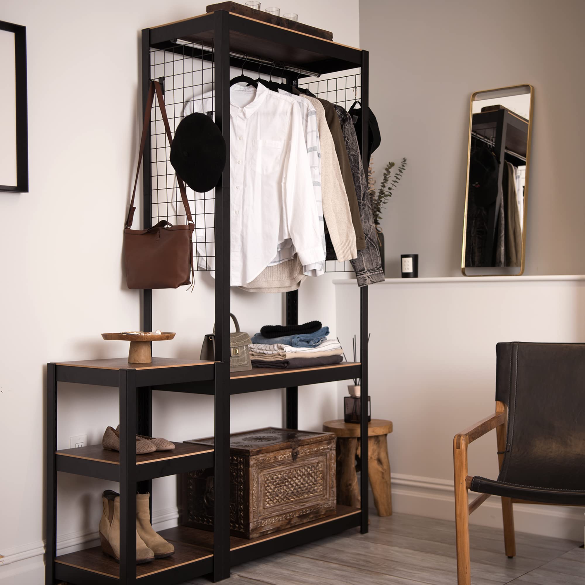 Best Customizable Modular Clothing Rack with Mesh Shelf - Black | Space-Saving Storage Solution for Bedroom, Closet & Laundry Room Organization
