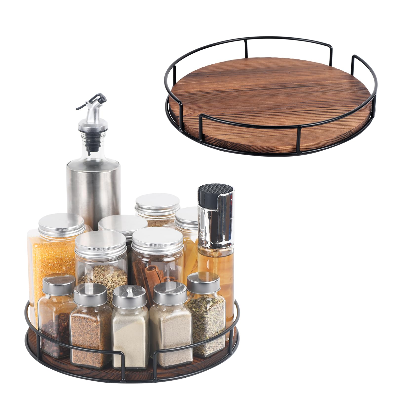2 Pack Non-Skid Wood Lazy Susan Turntable Organizer - 10 Inch Spinning Tray for Kitchen Cabinet, Pantry, Countertop, Refrigerator & Spice Storage (Carbonized Black) - Perfect for Organizing Condiments, Makeup, or Office Supplies