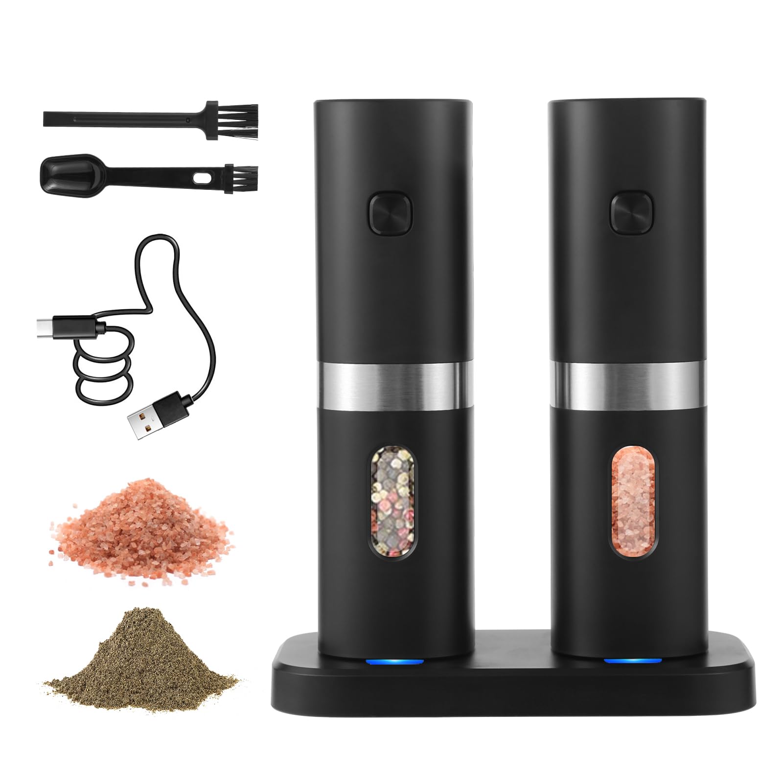 Rechargeable Electric Salt and Pepper Grinder Set - Battery-Free Automatic Mill with Charging Base, Adjustable Coarseness & Blue LED Light - 2 Pack for Kitchen, Dining Table, BBQ, Camping, and Gifting