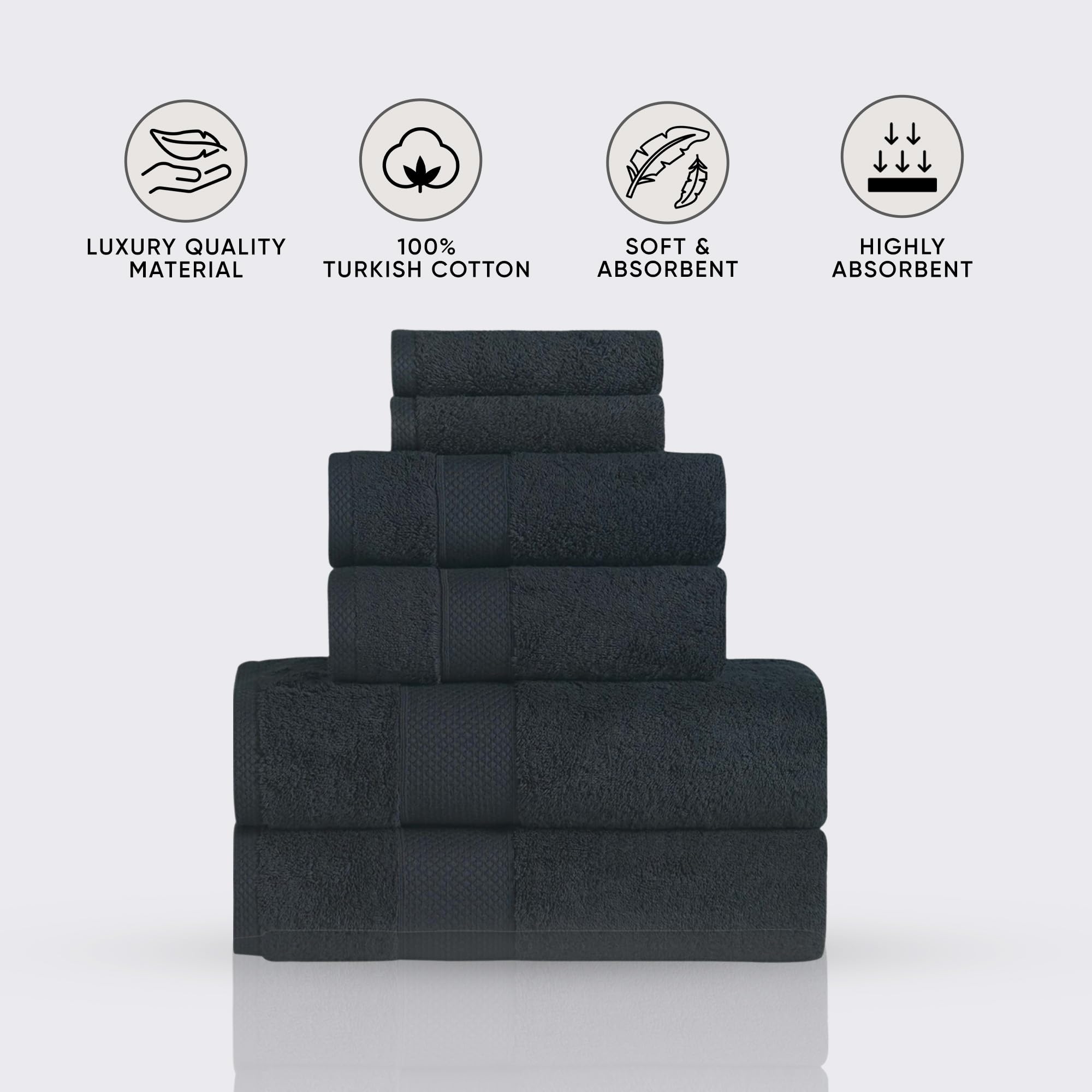 Premium 6-Piece Turkish Cotton Towel Set - Ultra Soft, Quick Dry & Highly Absorbent Bath Towels (2), Hand Towels (2) & Washcloths (2) | Luxury Spa & Bathroom Essentials for Home, Hotel & Gym Use (Black)