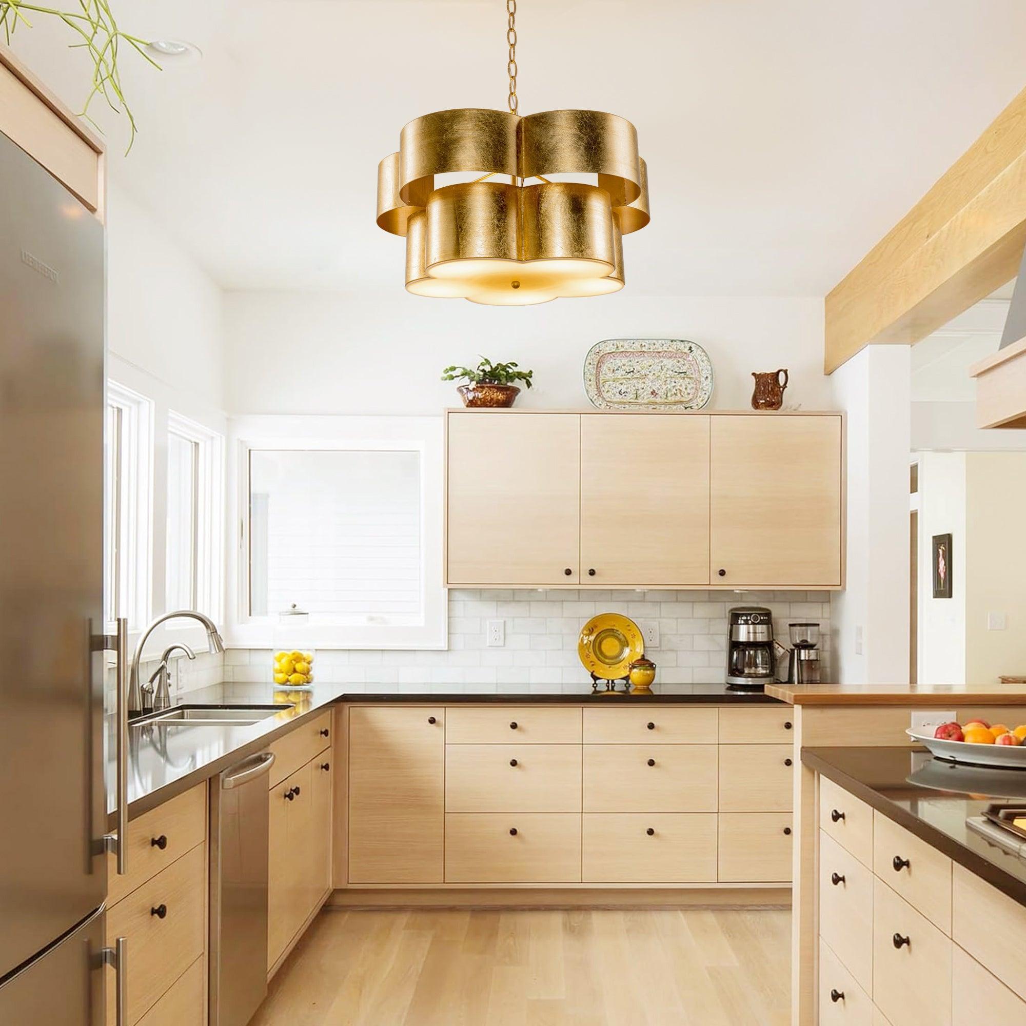 Golden 5-Light Iron Dry Rated Pendant Light Fixture - Perfect for Kitchen Island, Dining Room, and Entryway Lighting