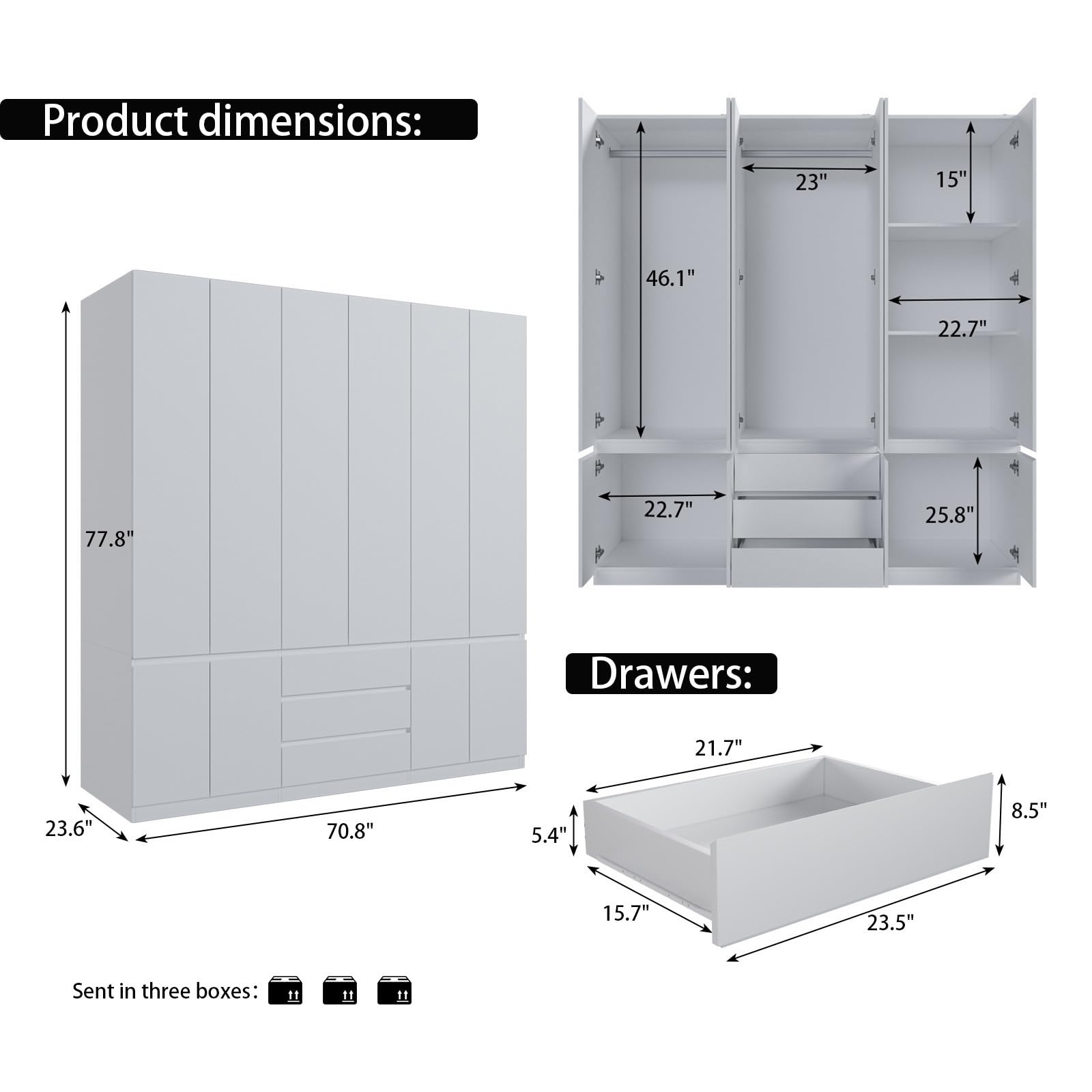 Large White Wooden Armoire Wardrobe Closet with 6 Doors, 2 Hanging Rods, Drawers & Shelves - Freestanding Bedroom Storage Organizer for Clothes, Shoes & Accessories | Perfect for Master Bedroom, Guest Room or Dorm Organization