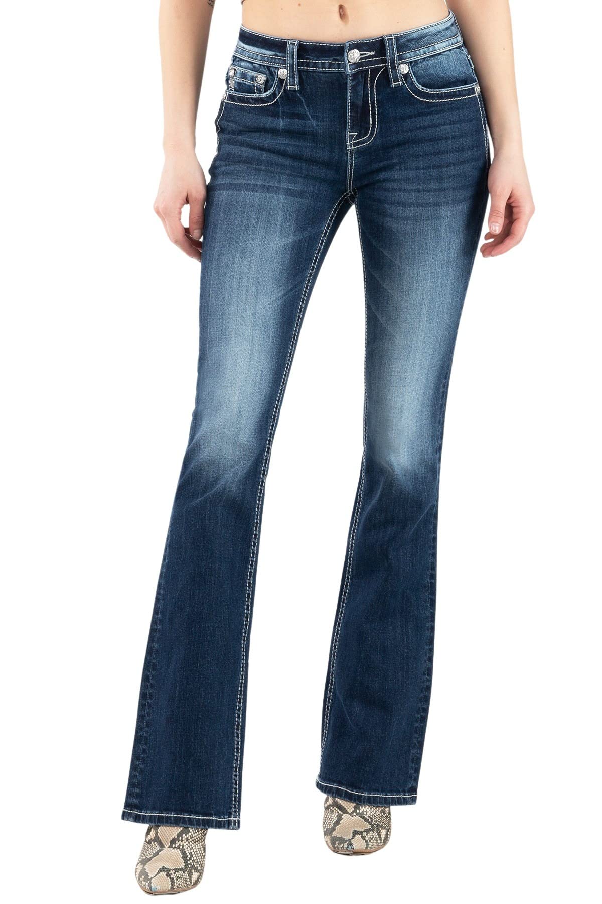 Miss Me Women's Mid Rise Bandana Dream Catcher Bootcut Jeans - Stylish Western Denim Pants for Casual Wear & Country Outfits