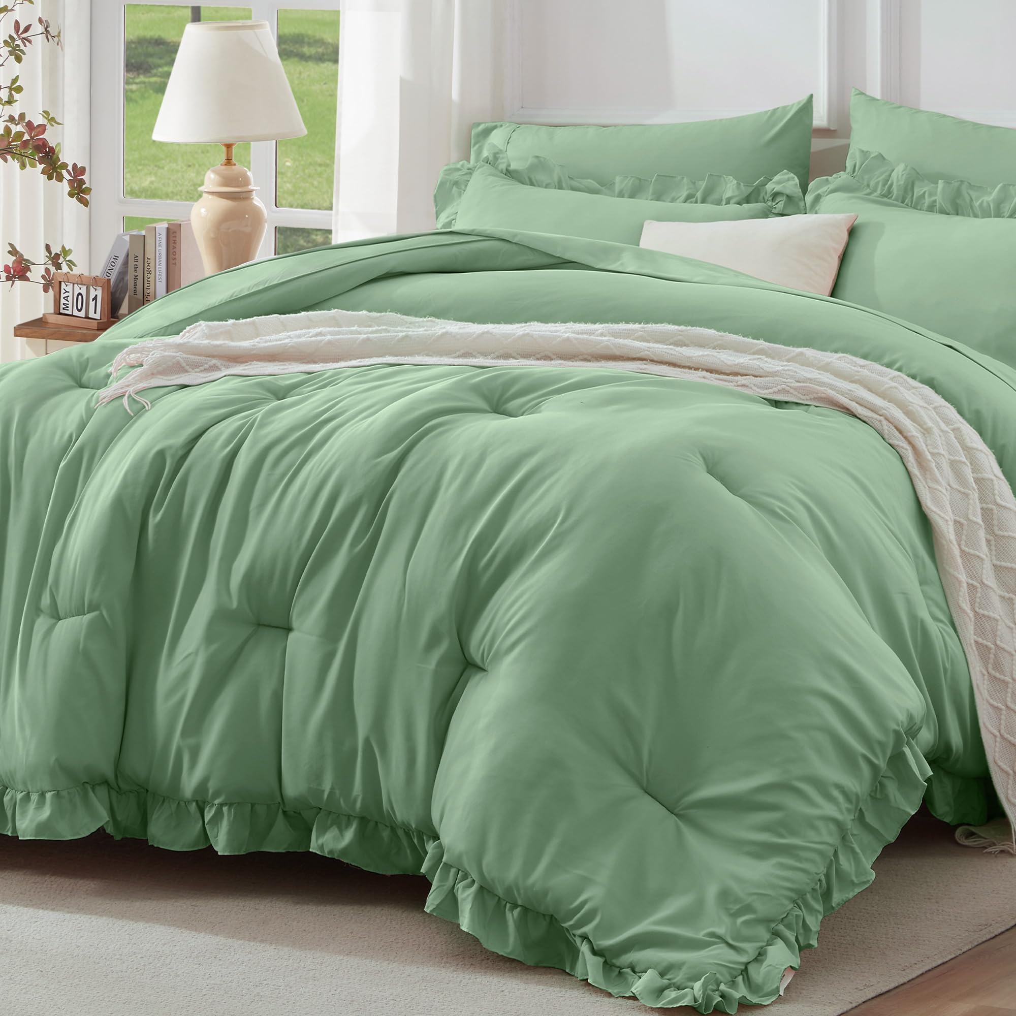 Newspin 7-Piece Queen Ruffle King Comforter Set - Sage Green Vintage Shabby Chic Bedding | All-Season Lightweight Comforter with Sheets, Pillowcases & Shams | Perfect for Master Bedroom, Guest Room & Cozy Cottage Decor