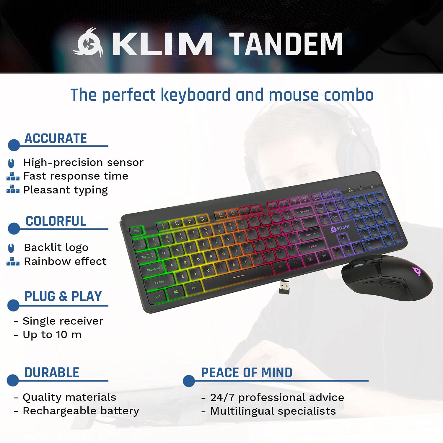 KLIM Tandem Wireless Gaming Keyboard and Mouse Combo - Slim Ergonomic Design with RGB Backlit Keys | Durable Construction & Long-Lasting Built-in Battery | Perfect for PC Gaming, Office Work & Home Use (Renewed, Black)