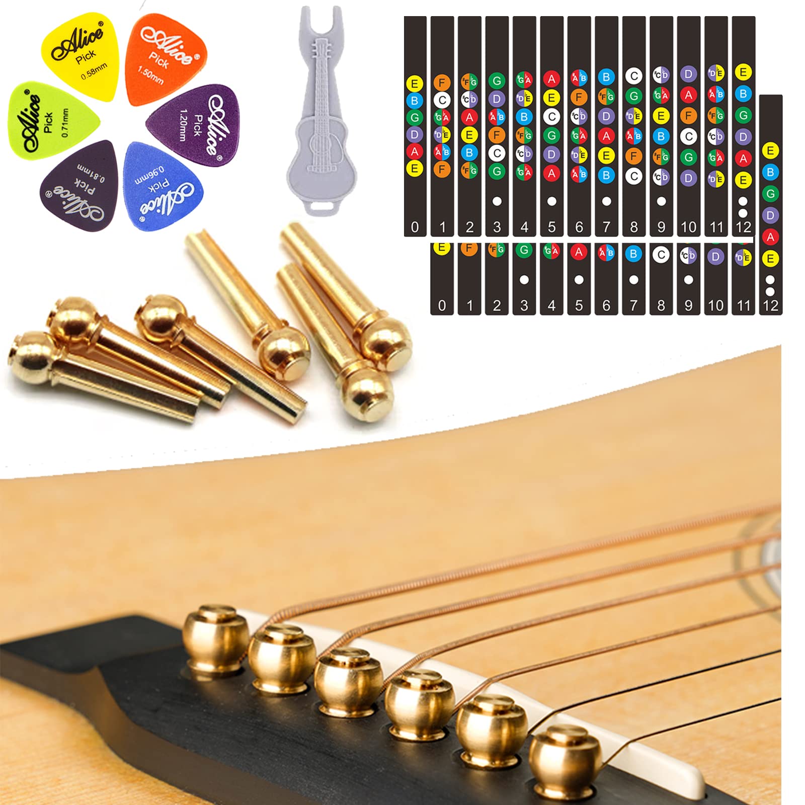 2-Piece Guitar Fretboard Stickers, 6 Guitar Picks, 1 Bridge Pin Puller & 6 Brass Bridge Pins - Complete Guitar Maintenance Kit for Beginners & Professionals | Perfect Gift for Musicians, Practice & Guitar Repair Accessories