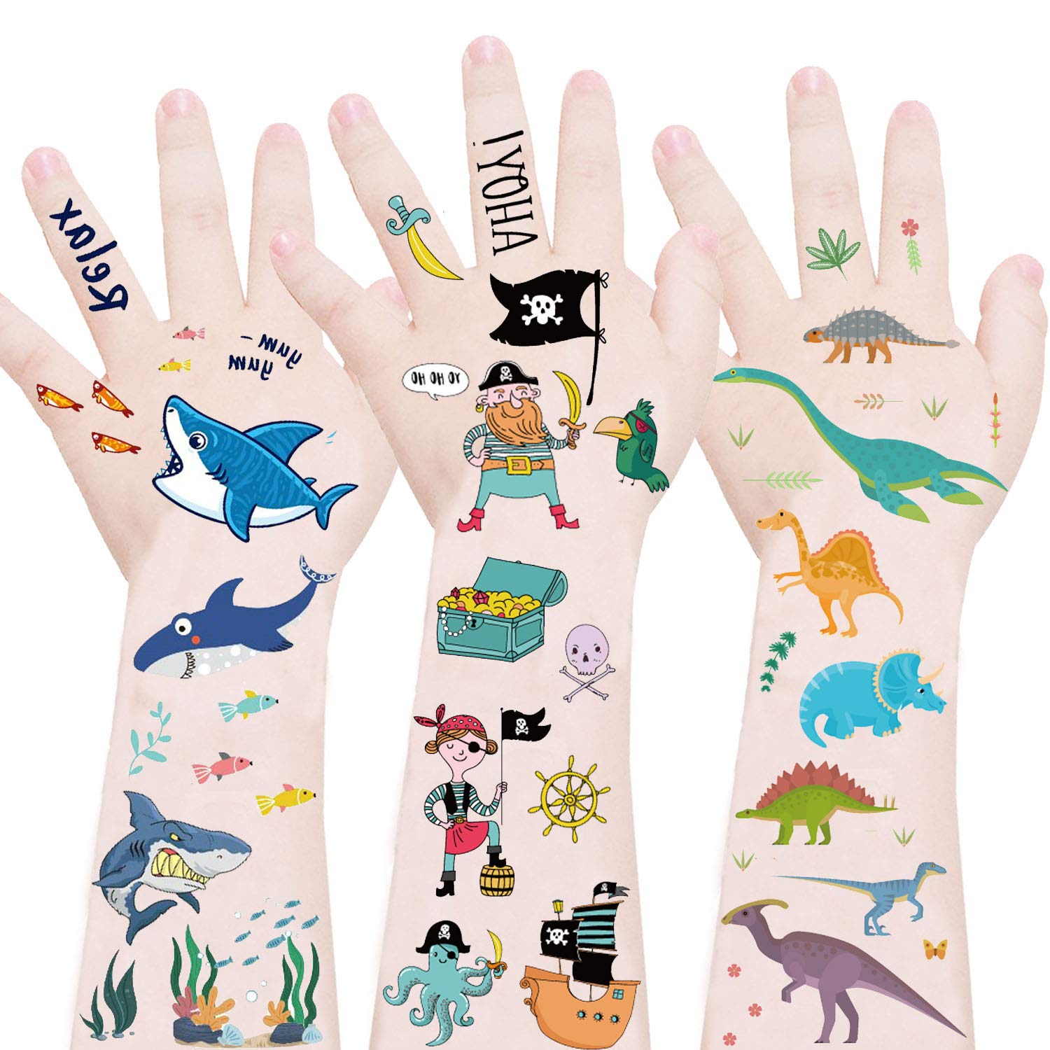 Dinosaur Temporary Tattoos for Kids - 9 Sheets Waterproof Fake Tattoos with Shark & Pirate Designs, Fun Body Art for Boys & Girls - Perfect for Birthday Gifts, Ocean Themed Parties, DIY Crafts & Costume Accessories | Great for Halloween, Summer Camp & Themed Events