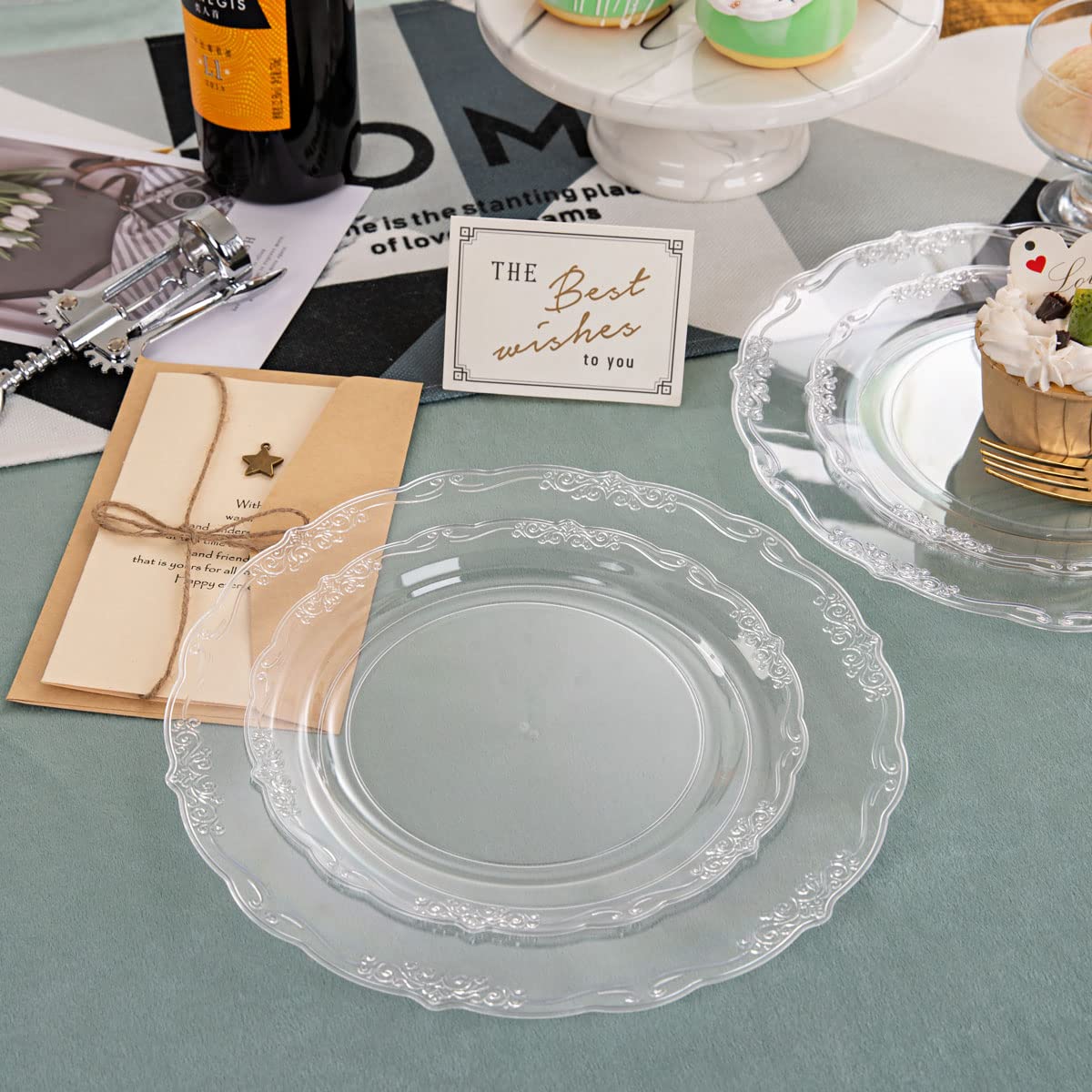 U-QE 100-Pack Clear Plastic Plates - Premium Disposable Dinner Plates & Dessert Plates for Parties, Holidays, Events - 50x 10.25