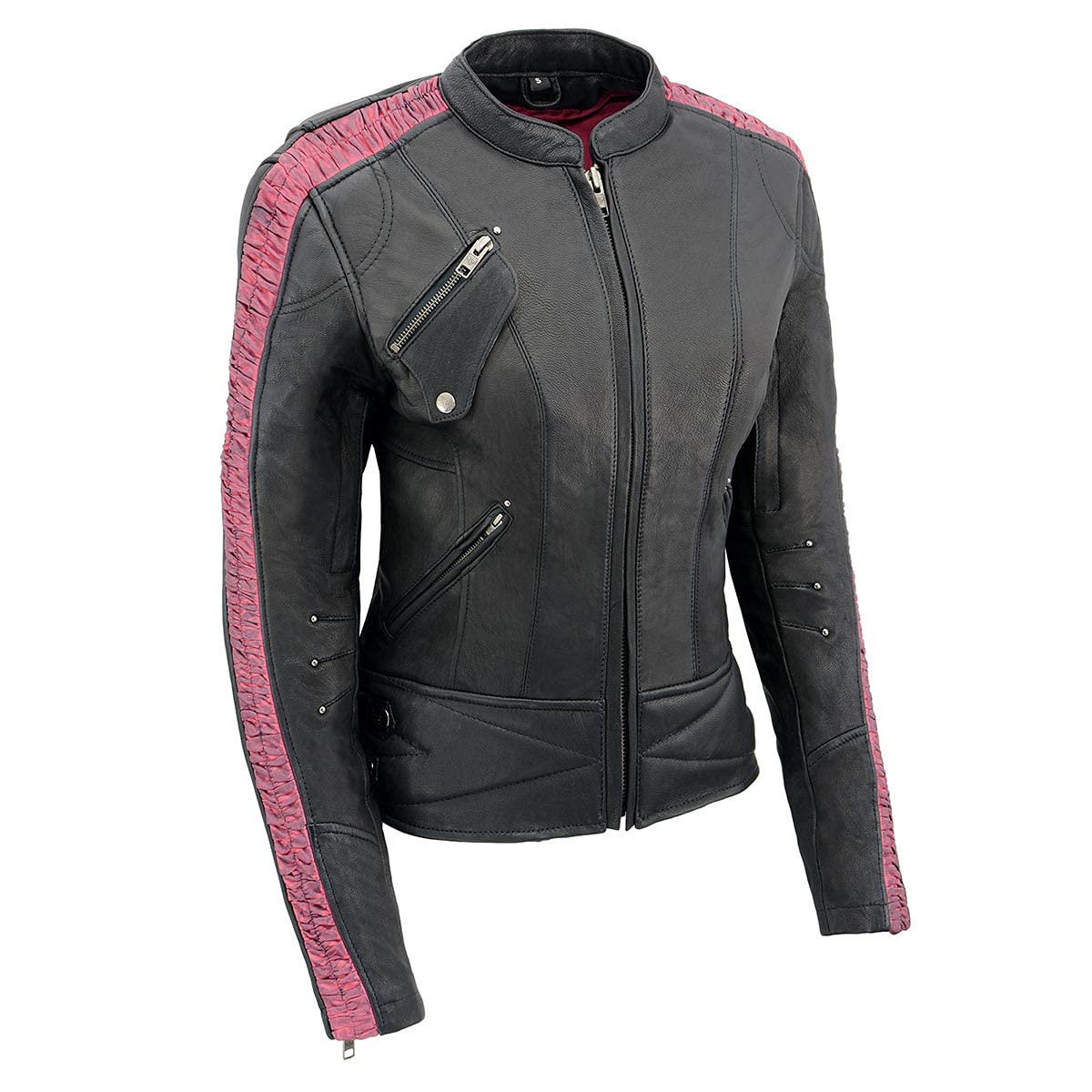 Milwaukee Leather MLL2571 Women's Black & Pink Crinkled Arm Lightweight Motorcycle Racer Jacket - Perfect for Riding, Biker Events & Casual Streetwear