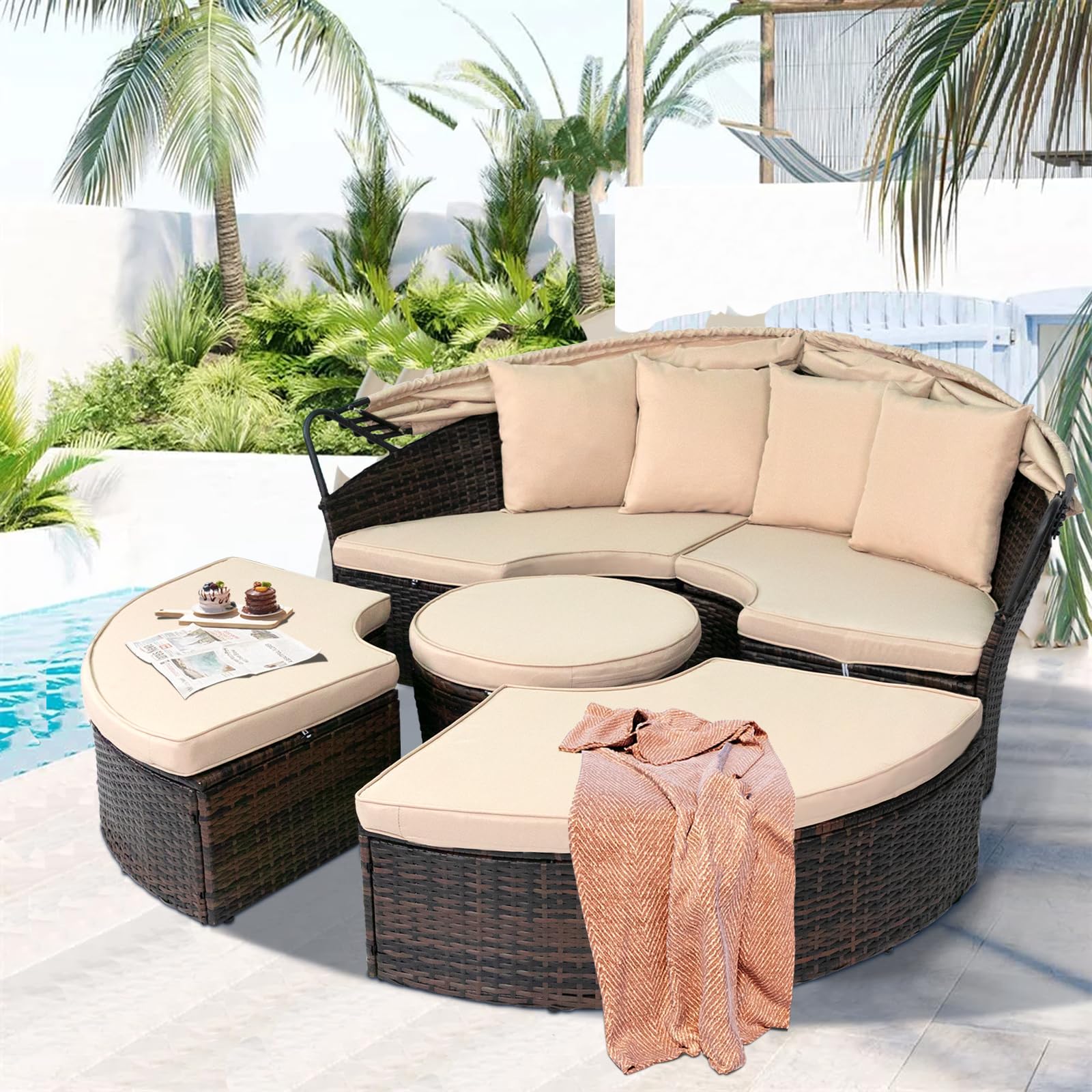 Outdoor Patio Round Daybed with Retractable Canopy - Wicker Clamshell Sectional Seating with Washable Cushions - Brown Rattan Furniture for Backyard, Porch, Poolside & Garden Relaxation