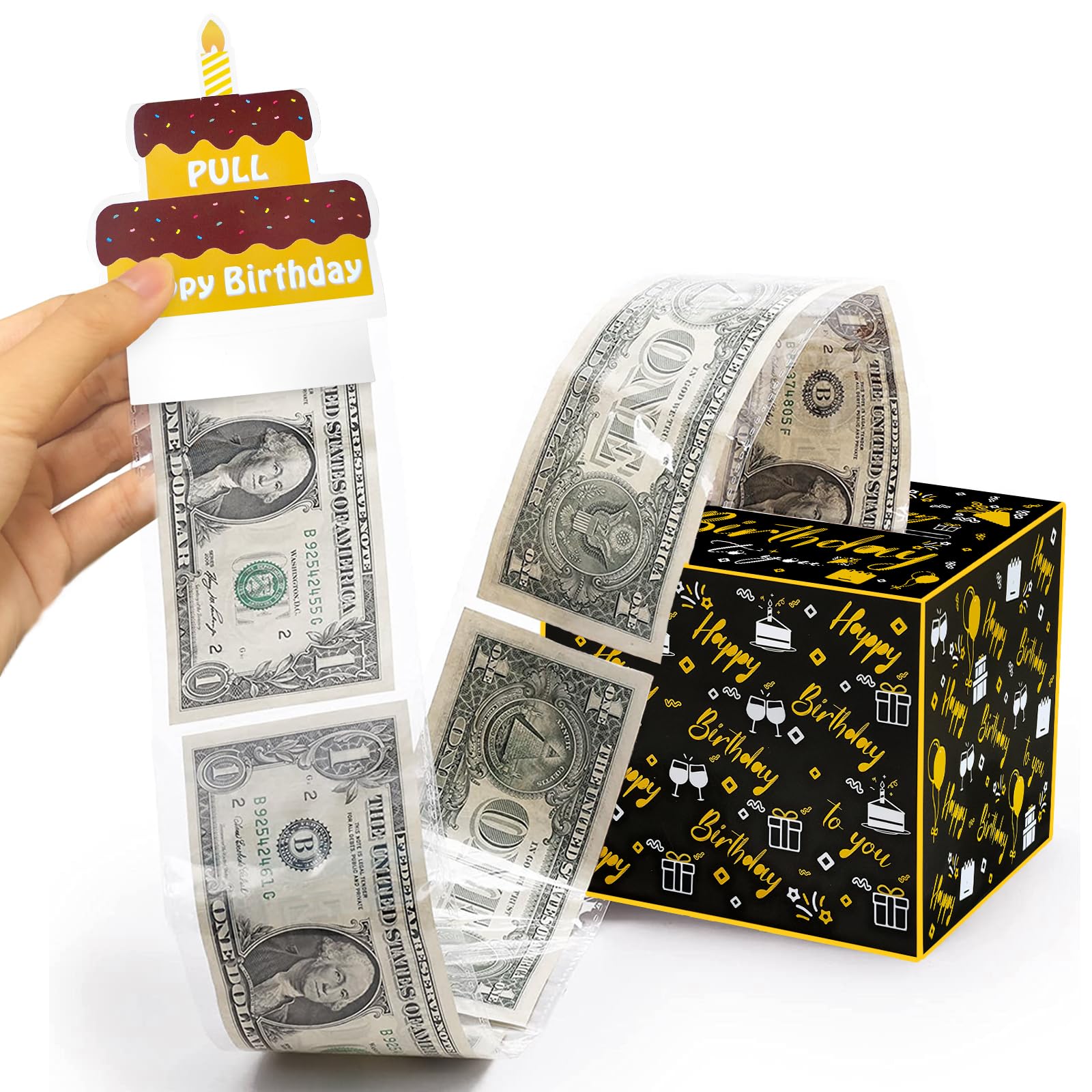 Happy Birthday Money Gift Box with Pull Out Card & Cash Holder - Black & Gold DIY Surprise Present Box for Parties, Graduation, Anniversary & Special Occasions