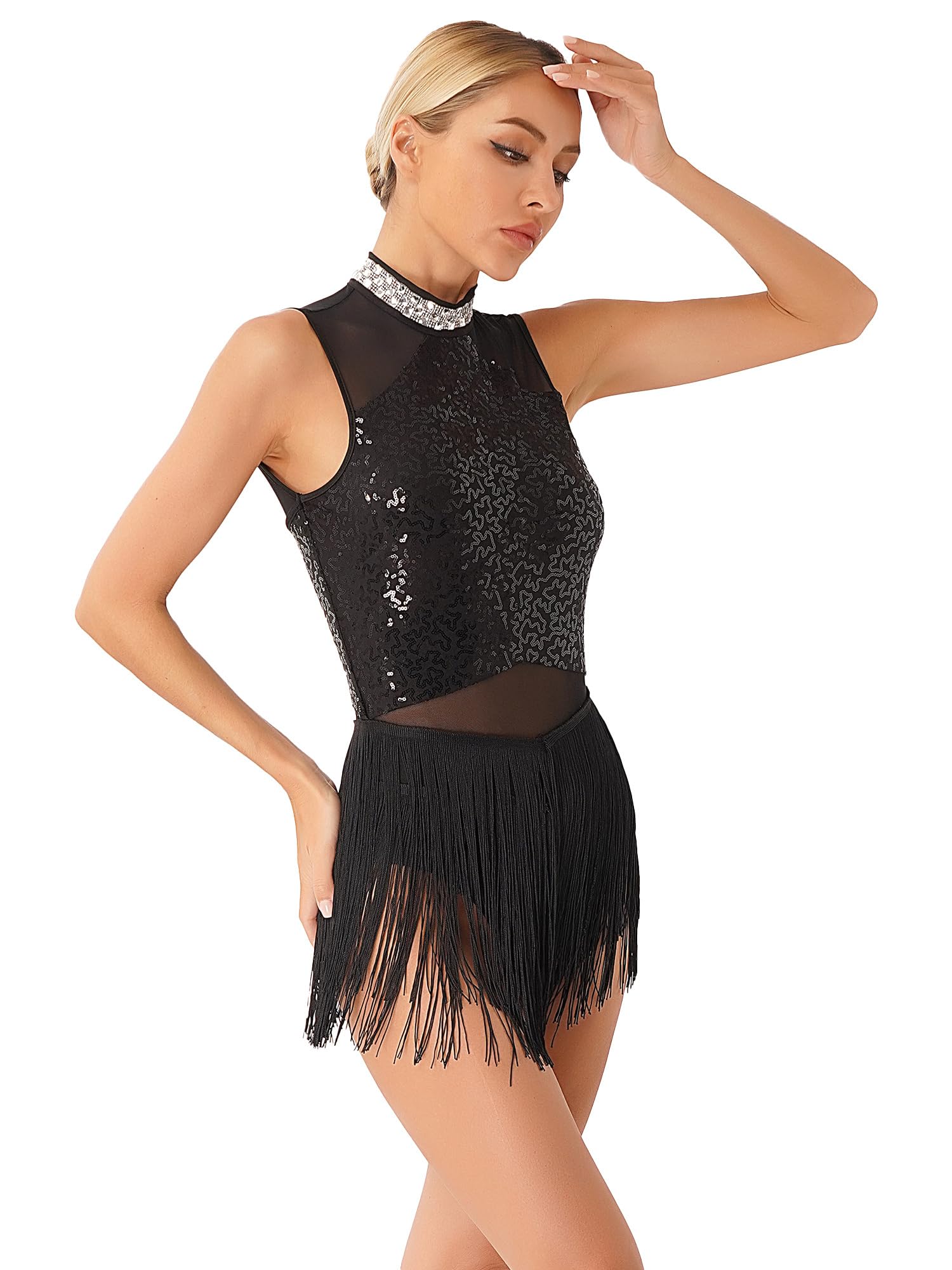YiZYiF Women's Rhinestone Fringe Latin Dance Dress - Samba, Rumba, Ballroom Performance Costume for Competitions & Showcases