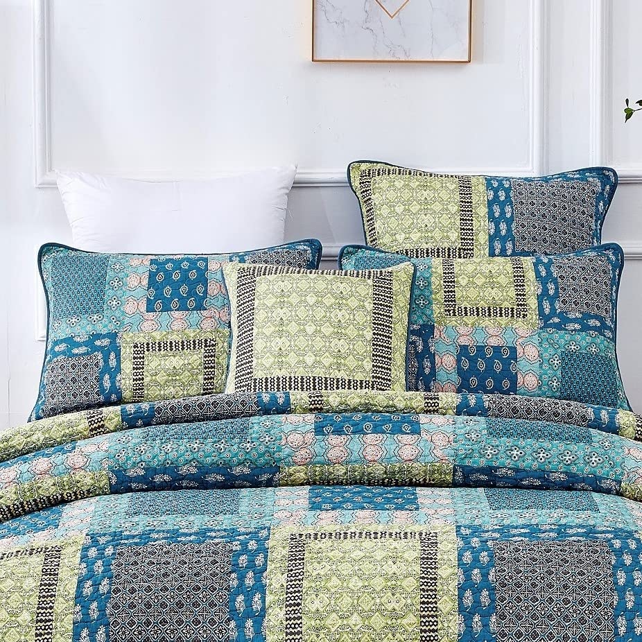 Tache King Pillow Cover - 100% Cotton Patchwork Boho Chic Geometric Blue Green Bohemian Ocean Design - 20x36 King Size Pillow Sham (1 Piece) - Perfect for Coastal, Boho, or Eclectic Home Decor