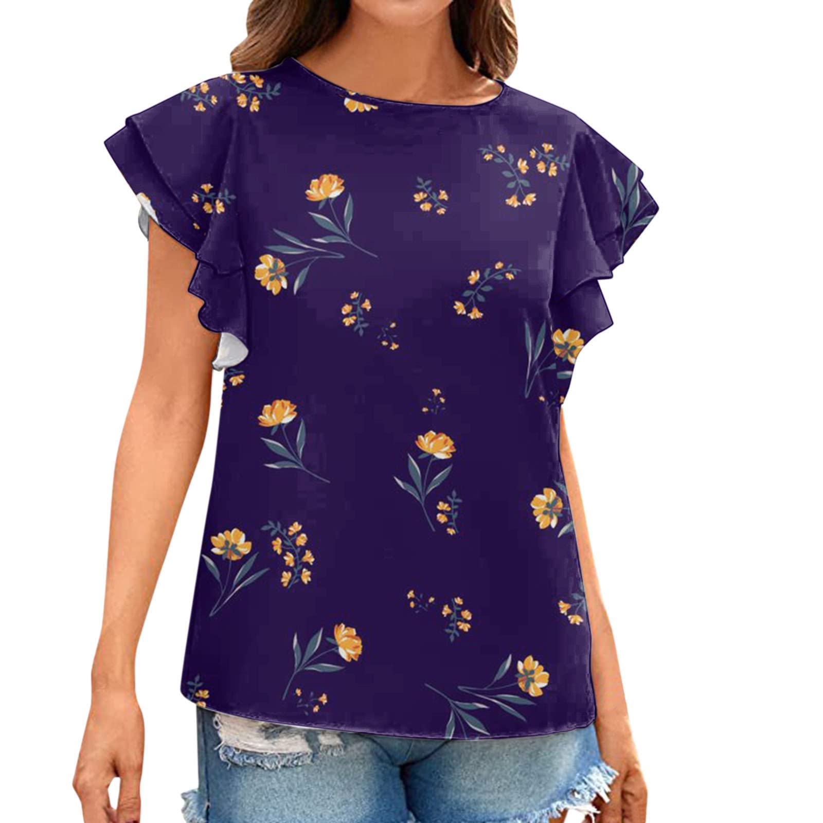 Women's Summer Floral Print T-Shirt - Classic Crew Neck Short Sleeve Cute Top with Petal Cap Sleeves | Perfect for Casual Outings, Beach Vacations & Summer Fashion
