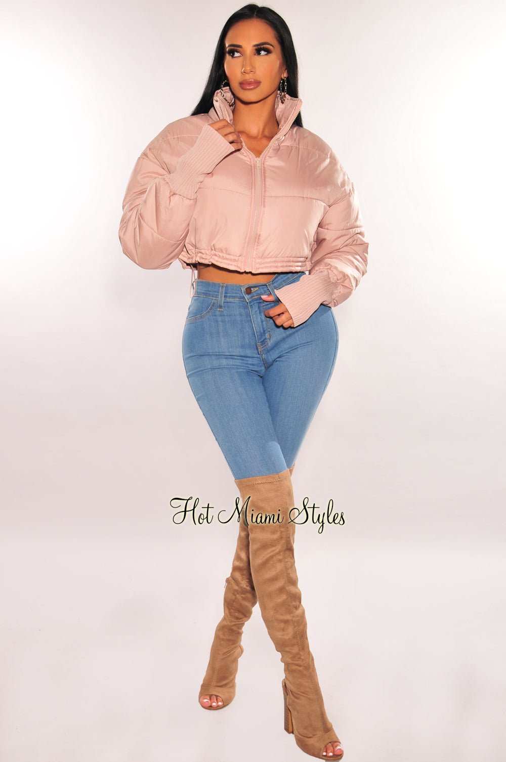 Dusty Pink Cropped Puffer Jacket with Zipper & Long Sleeves | Women's Winter Fashion Outerwear for Casual Outings & Street Style