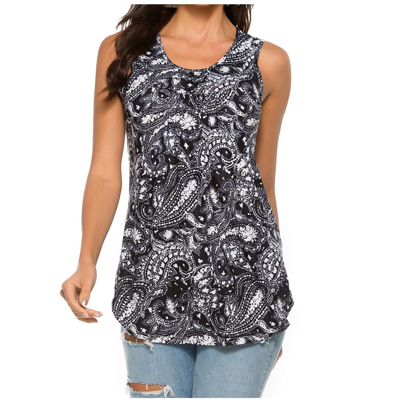 Women's Summer Tops - Solid Color Casual Button Down Scoop Neck Ruched Blouse with Flowy Sleeveless Design | Trendy Loose Fit Shirts for Beach, Vacation & Everyday Wear