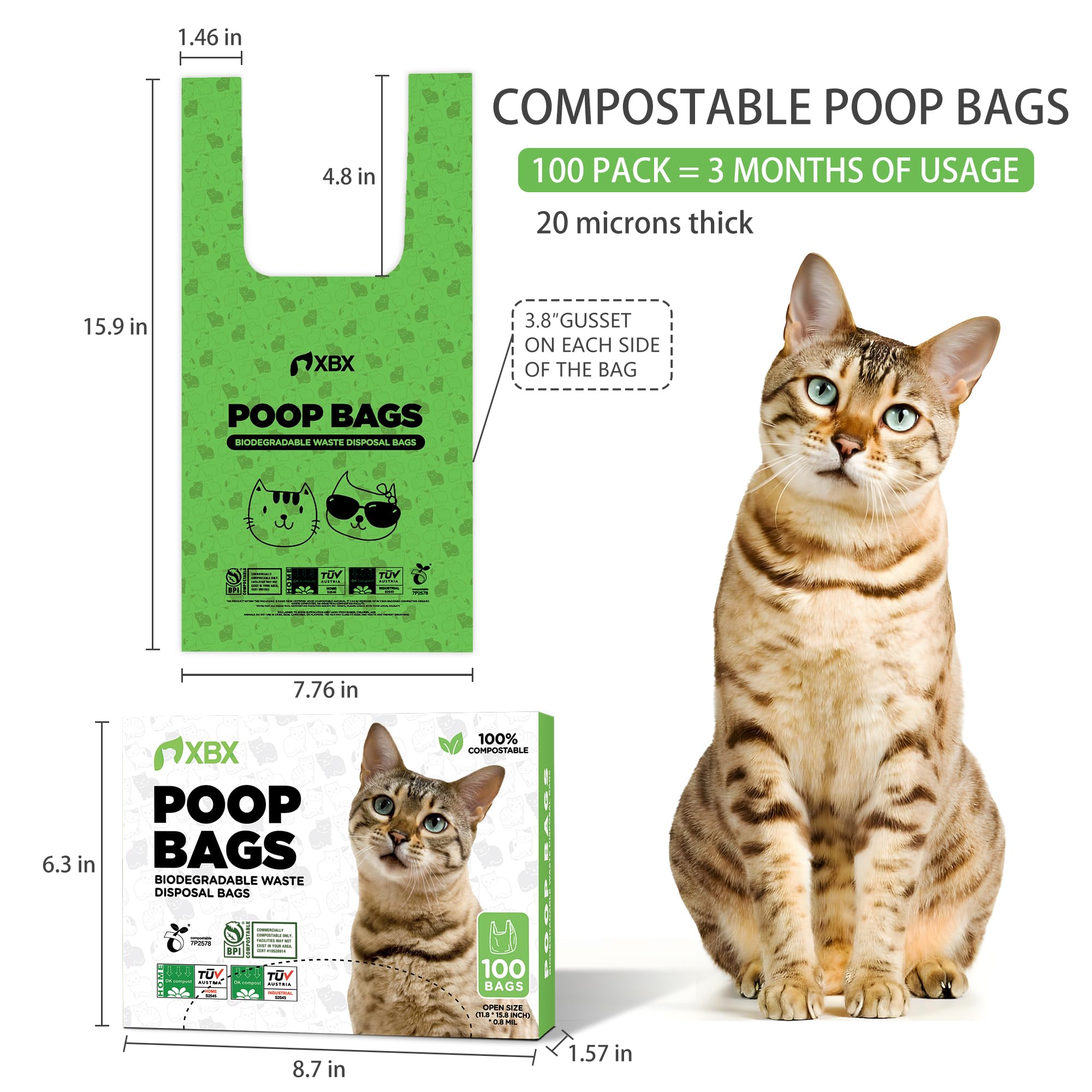 **Compostable Cat Litter Bags - 100 Count Unscented, Leakproof & Odor Sealing Pet Waste Bags with Easy-Tie Handle, Fits Any Scoop | Biodegradable Dog Poop Bags for Eco-Friendly Disposal at Home or Outdoors**