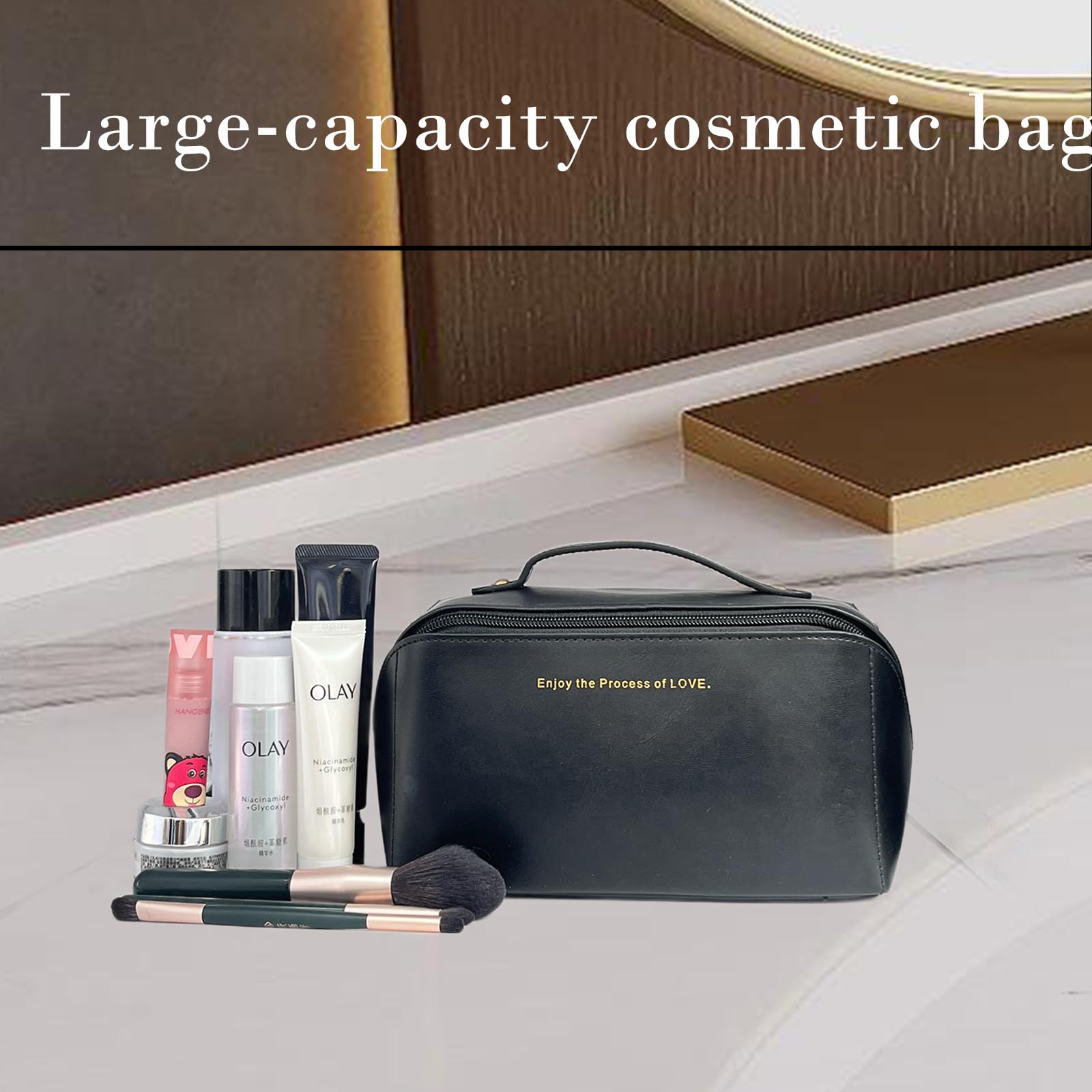 Waterproof Travel Makeup Bag for Women - Large PU Cosmetic Organizer for Travel & Daily Use