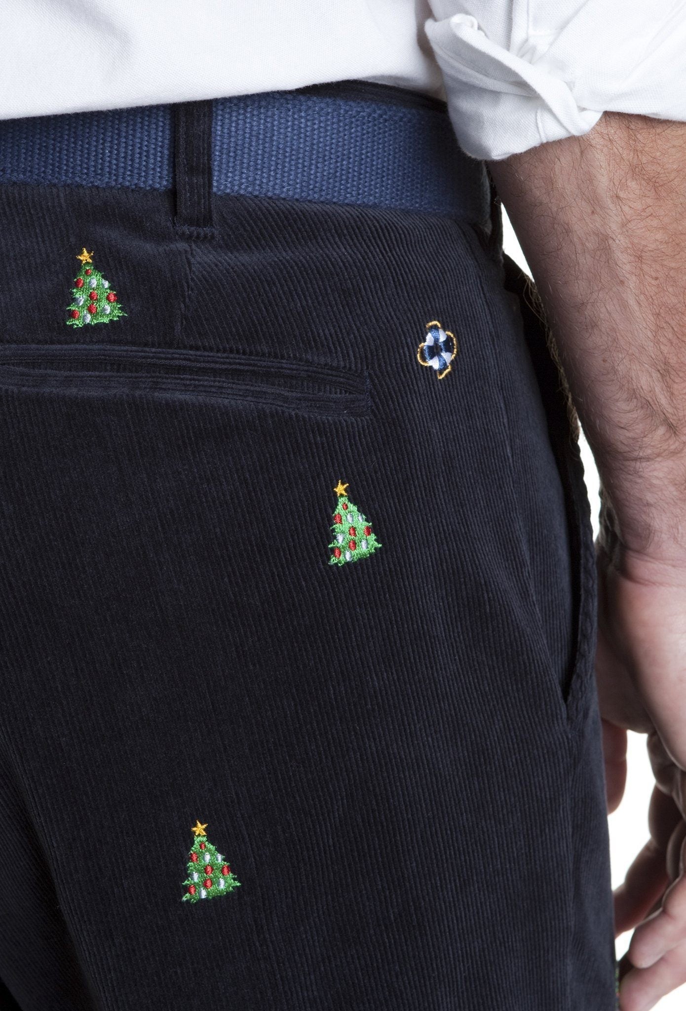 Beachcomber Corduroy Pants for Men - Nantucket Navy with Christmas Tree Print - Comfortable Casual Trousers for Holiday Parties & Winter Vacations