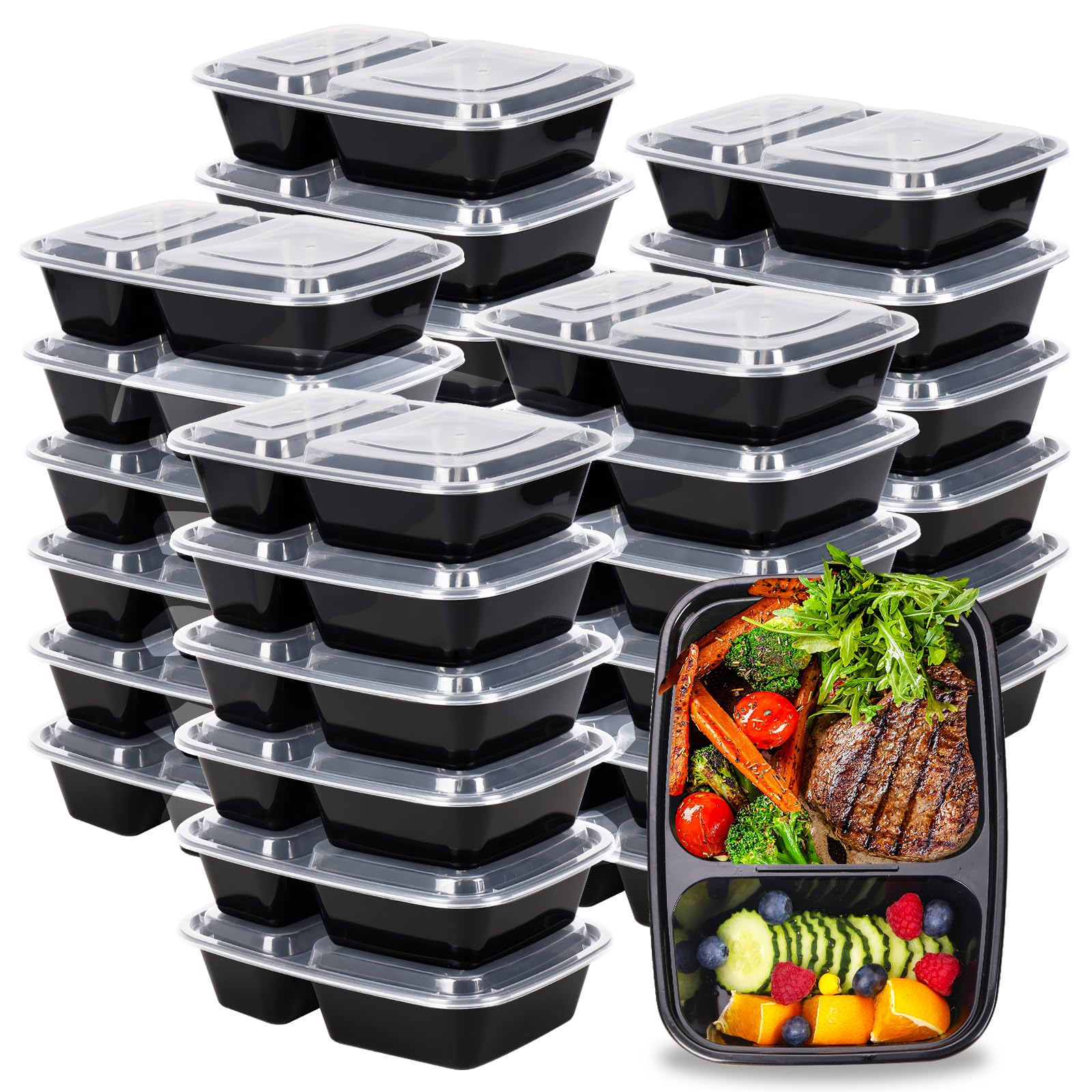 Moretoes 30 Pack 32oz BPA-Free Meal Prep Containers - Reusable 2 Compartment Food Storage Containers with Lids - Plastic Stackable To-Go Boxes - Microwave, Freezer & Dishwasher Safe - Perfect for Meal Prepping, Leftovers & Office Lunches