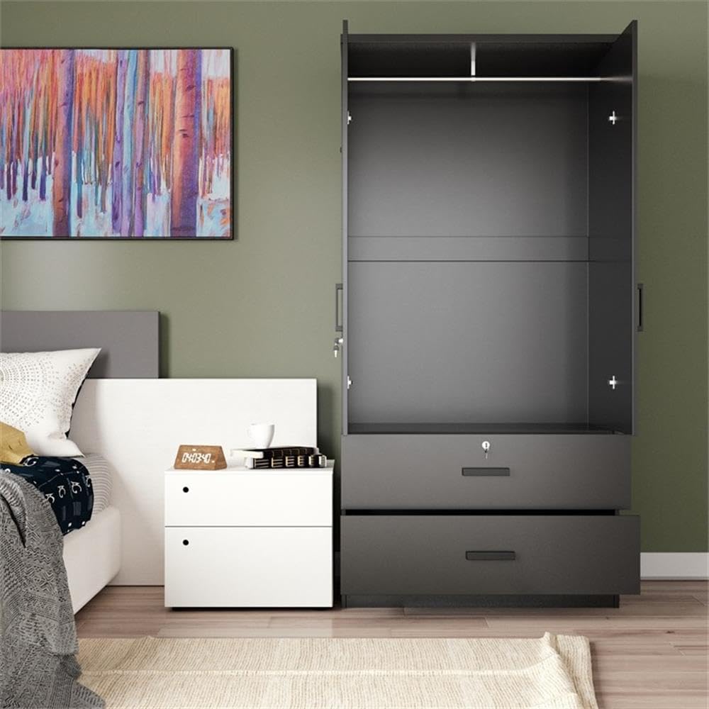 Better Home Products Grace Wood 2-Door Wardrobe Armoire with 2 Drawers - Black Wooden Closet for Bedroom Storage & Organization