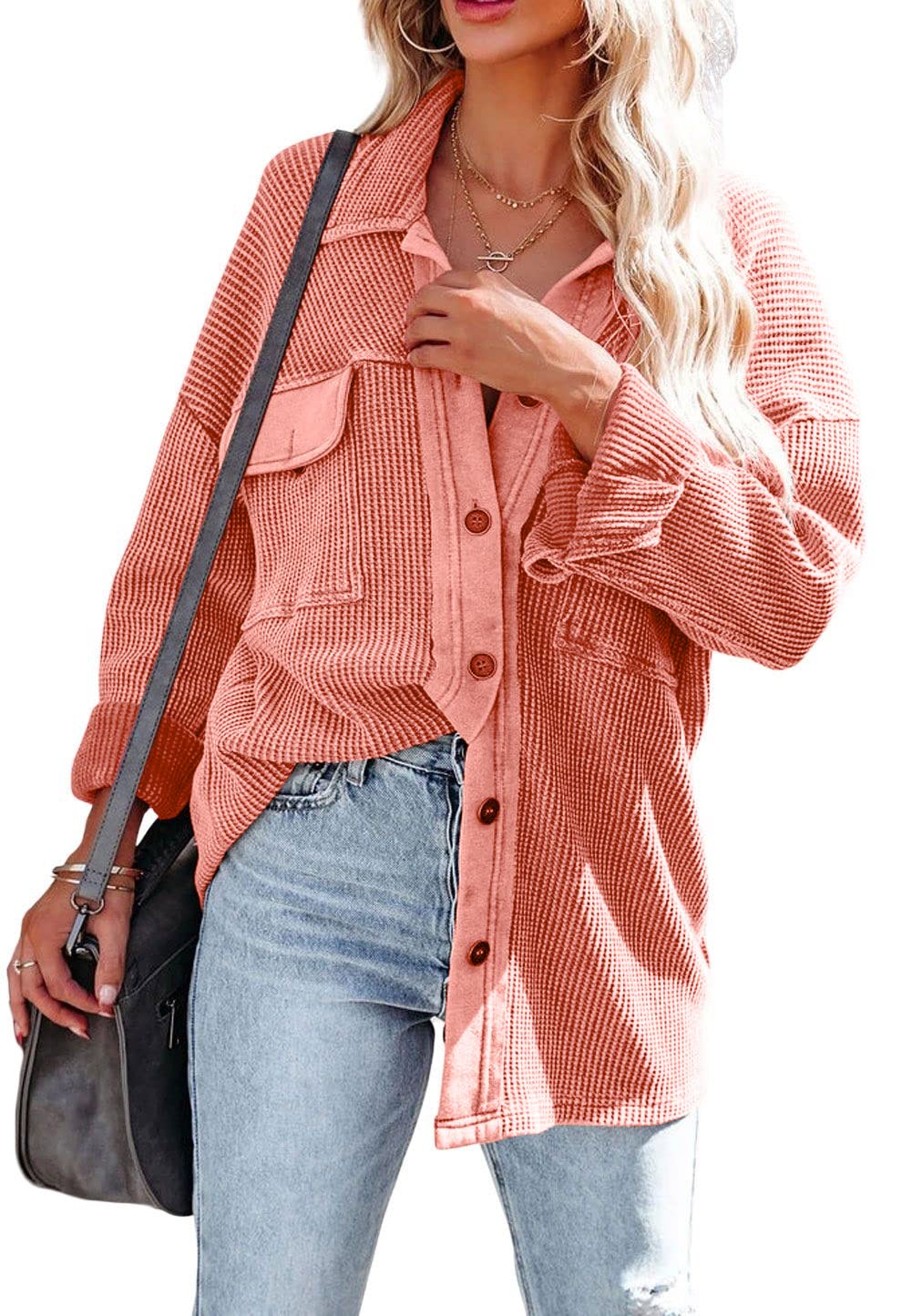 CHARTOU Women's Oversized Waffle Knit Shacket Jacket - Corduroy Long Sleeve Button Down Shirt for Fall & Winter | Casual Outerwear for Work, Travel & Street Style