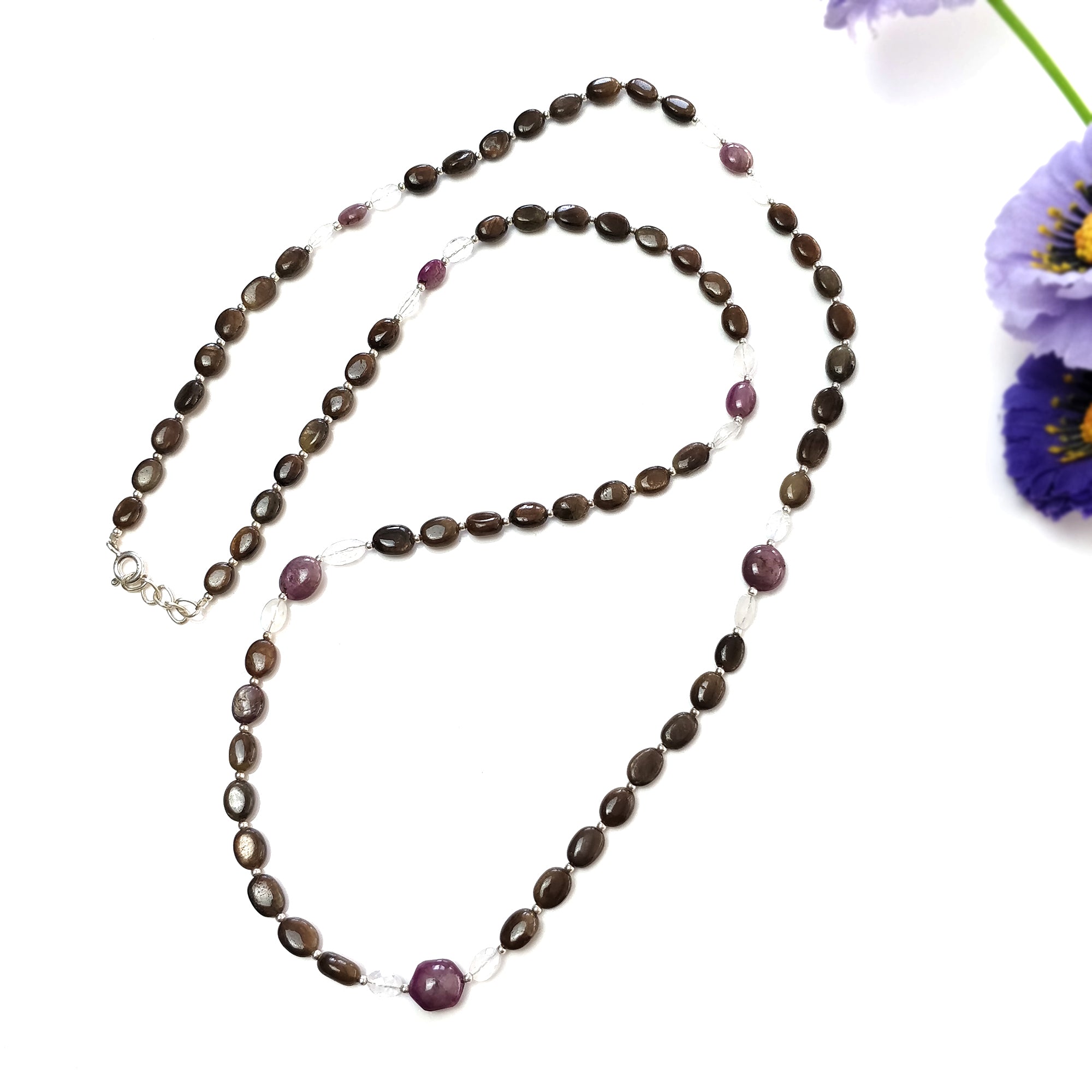 Natural Chocolate Sapphire Moonstone & Star Ruby Gemstone Necklace - 122.00cts Untreated Oval Stones with 925 Sterling Silver (6*4mm & 9*8mm) | Elegant Jewelry for Women, Perfect for Weddings, Parties & Special Occasions