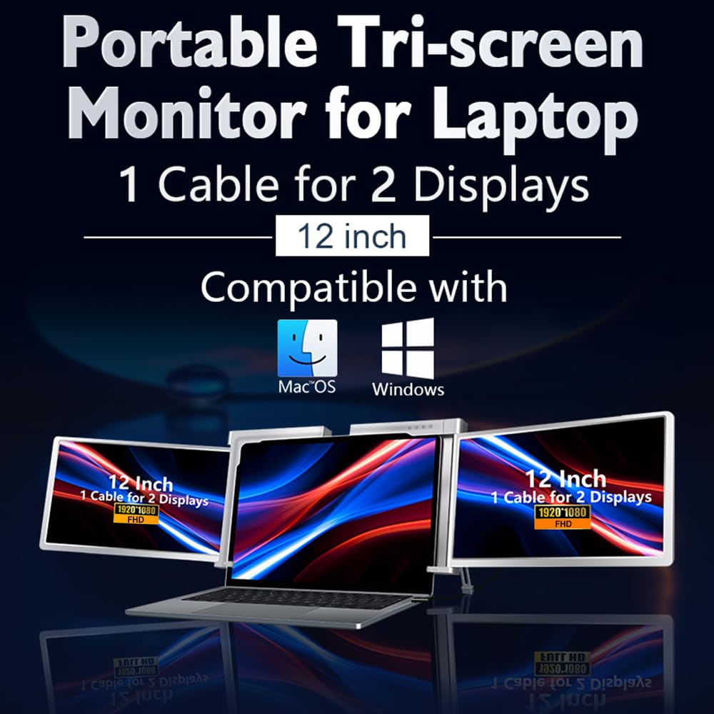 12 Inch Triple Portable Monitor for Laptop - FHD Expansion Screen with 1 Cable for 2 Displays, Compatible with Windows & MacOS for 13.3-16.5 Inch Laptops - Perfect for Work, Gaming & Multitasking