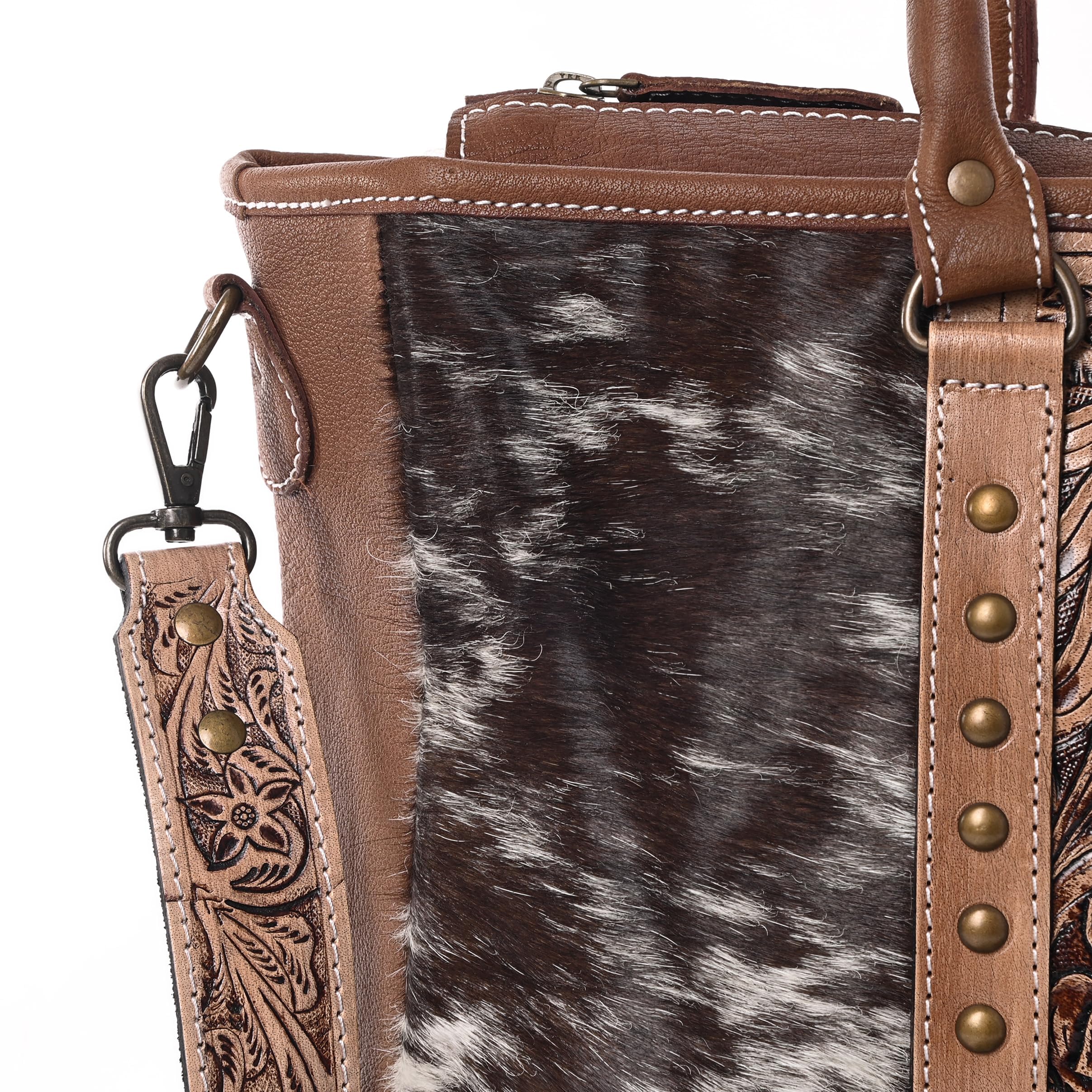 Western Cowhide Hair-on Leather Tote Bag for Women - Adjustable Tooled Shoulder Strap Leather Purse - Perfect for Work, Travel & Everyday Use