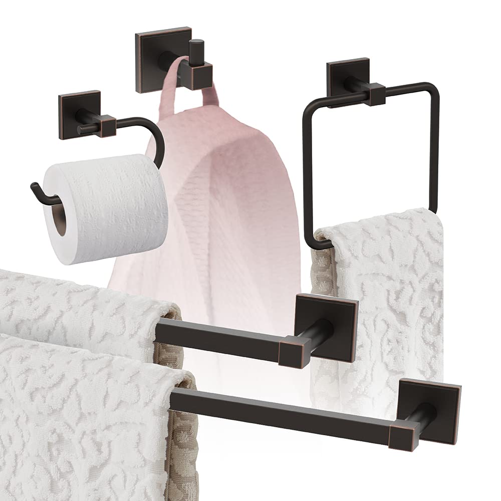 Amerock Appoint 5-Piece Oil Rubbed Bronze Bathroom Accessories Set - Towel Bar, Towel Ring, Robe Hook, Toilet Paper Holder & Glass Shelf for Modern Bathroom Decor