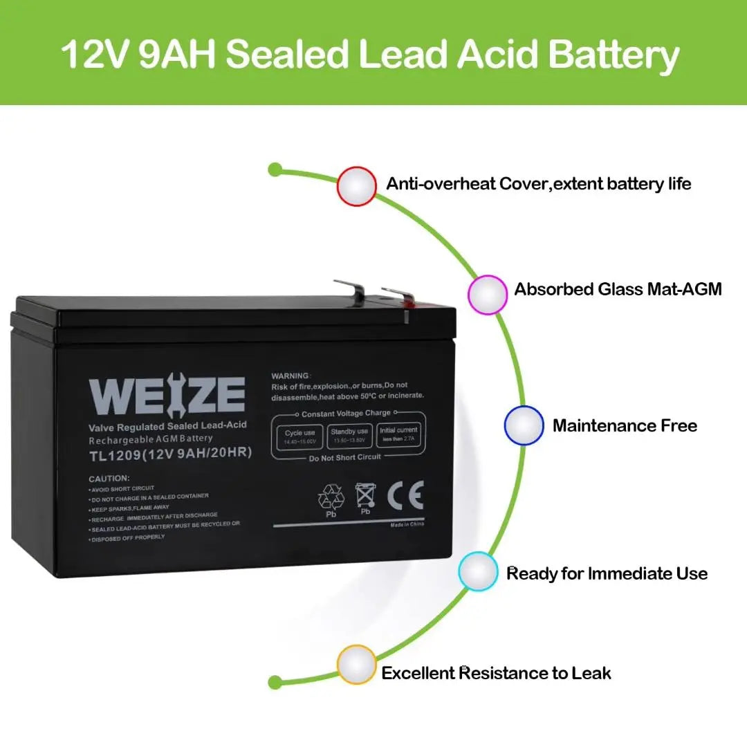 WEIZE 12V 9Ah Deep Cycle AGM Battery - Rechargeable SLA Battery for Solar Power, UPS, Medical Equipment & More - Perfect for RV, Marine, Golf Cart & Off-Grid Applications