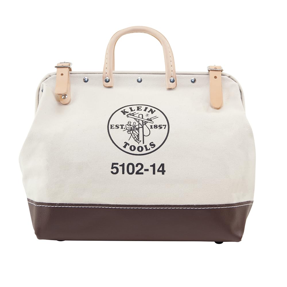 Klein Tools 5102-14 Heavy Duty Natural Canvas Tool Bag - 14-Inch Multi-Purpose Tool Tote with Wide Hinged Opening & Leather Handles | Perfect for Electricians, Contractors & DIY Home Improvement Projects