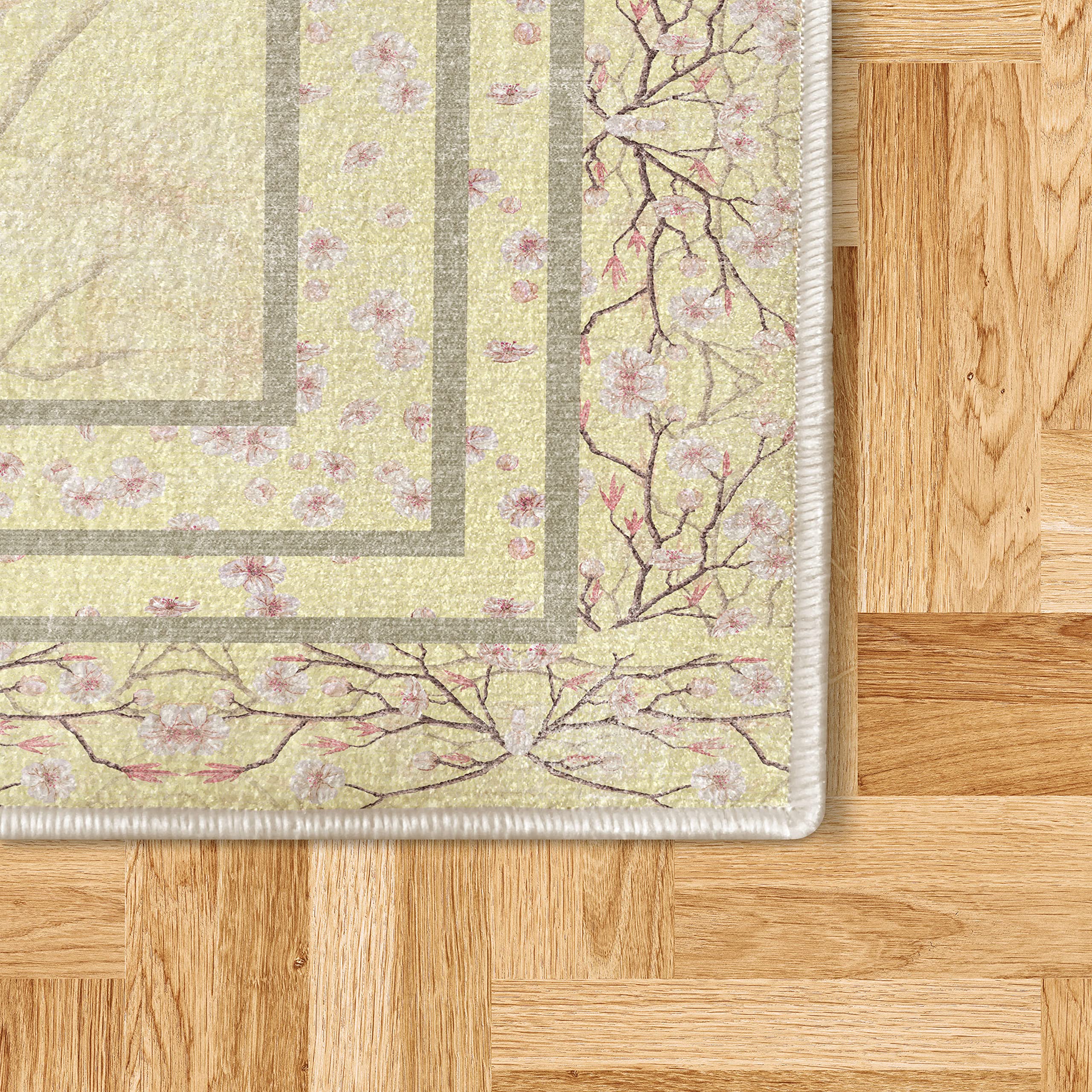 Ambesonne Floral Area Rug - Spring Apple Blossom Design with Nature-Inspired Branches, Soft Cream & Pale Rose Non-Slip Carpet for Bedroom, Living Room, Dorm (5'1